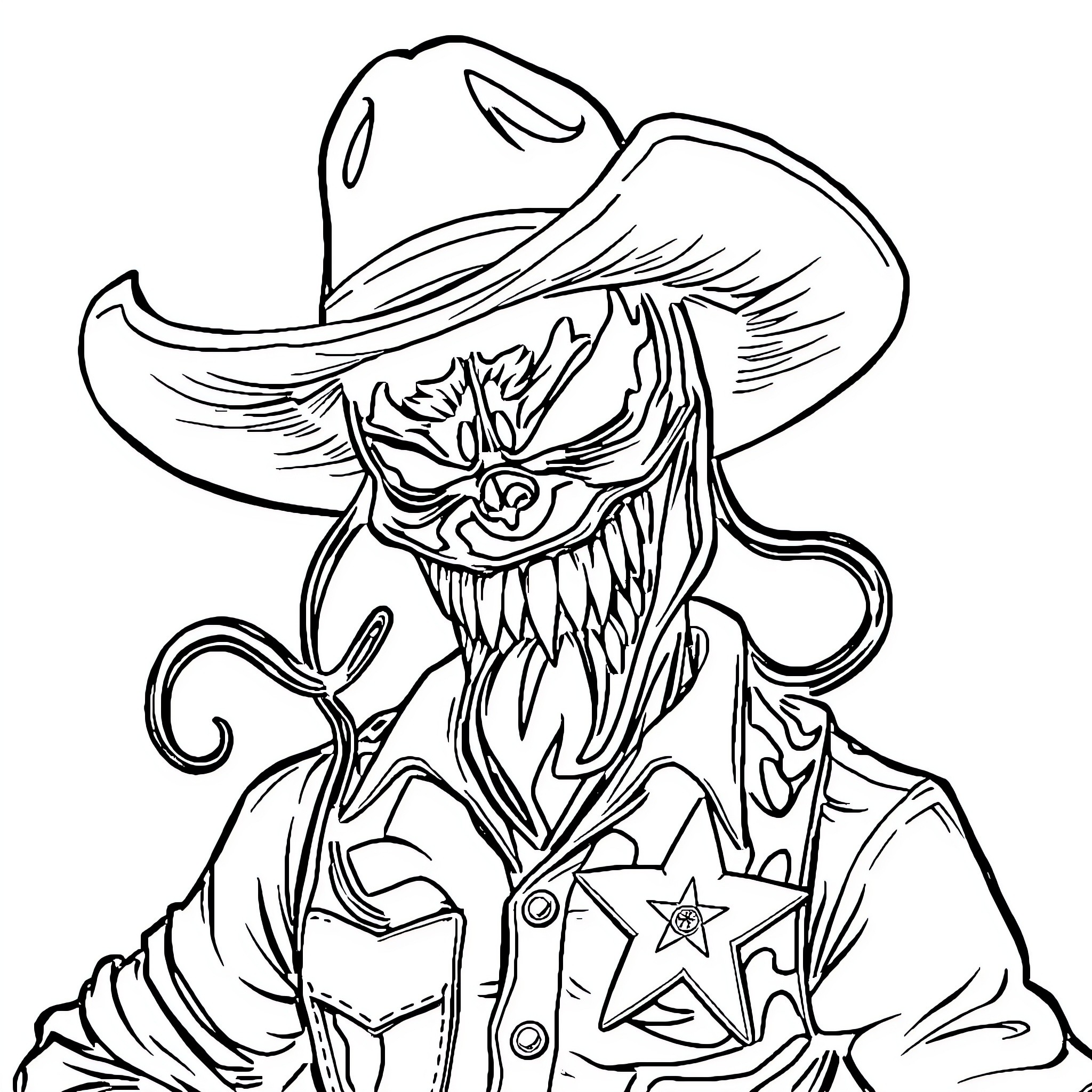 Venom Cowboy in Monstrous Pose Coloring Page (free black-and-white line drawing printable PDF for all, from beginners to advanced learners, including children, teens, adults, and seniors)