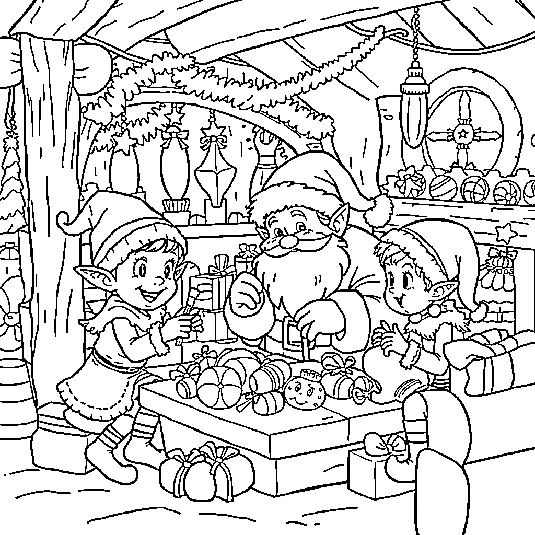Elf Workshop Filled with Christmas Joy Coloring Page (free black-and-white line drawing printable PDF for all, from beginners to advanced learners, including children, teens, adults, and seniors)