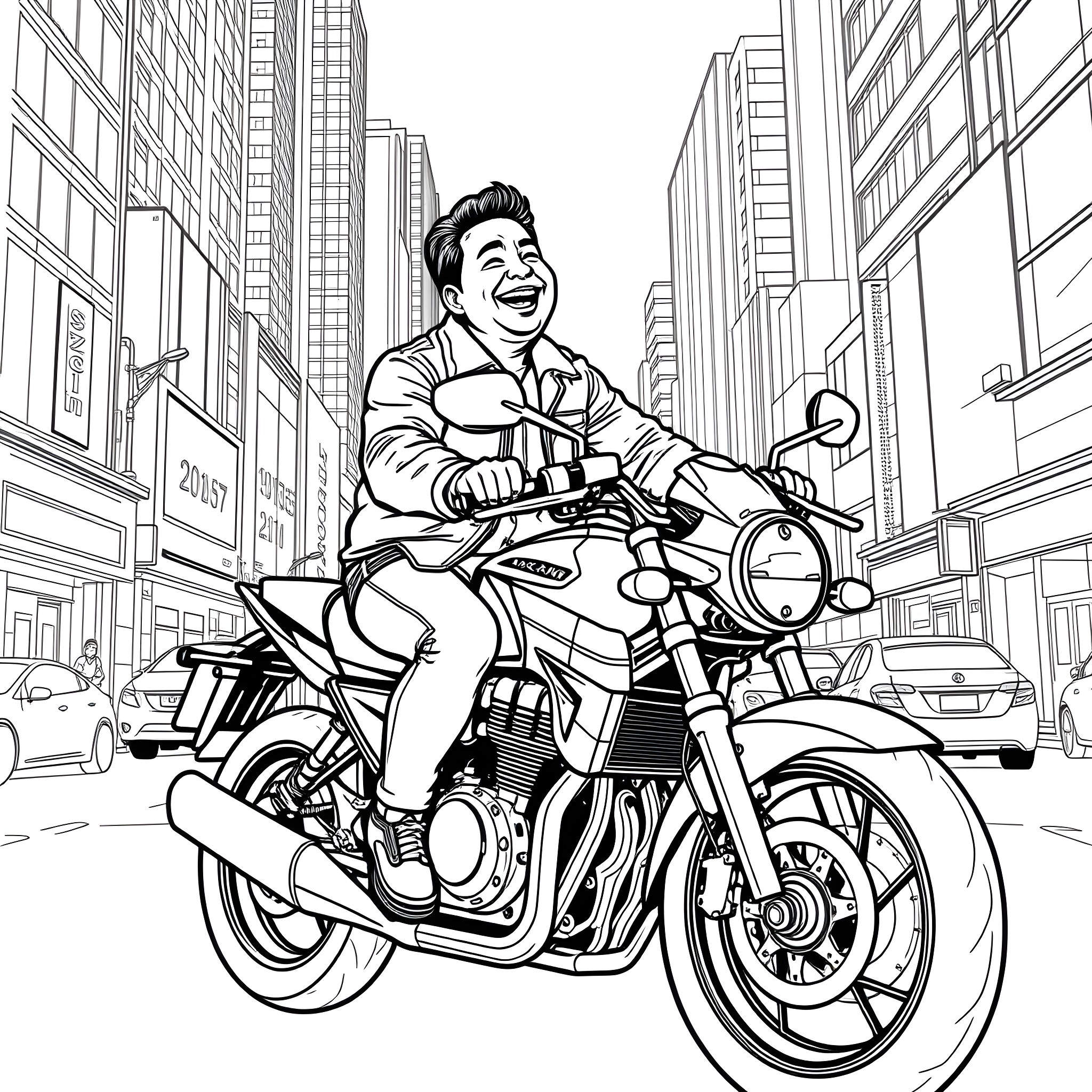 Man riding motorcycle through city streets Coloring Page (free black-and-white line drawing printable PDF for all, from beginners to advanced learners, including children, teens, adults, and seniors)