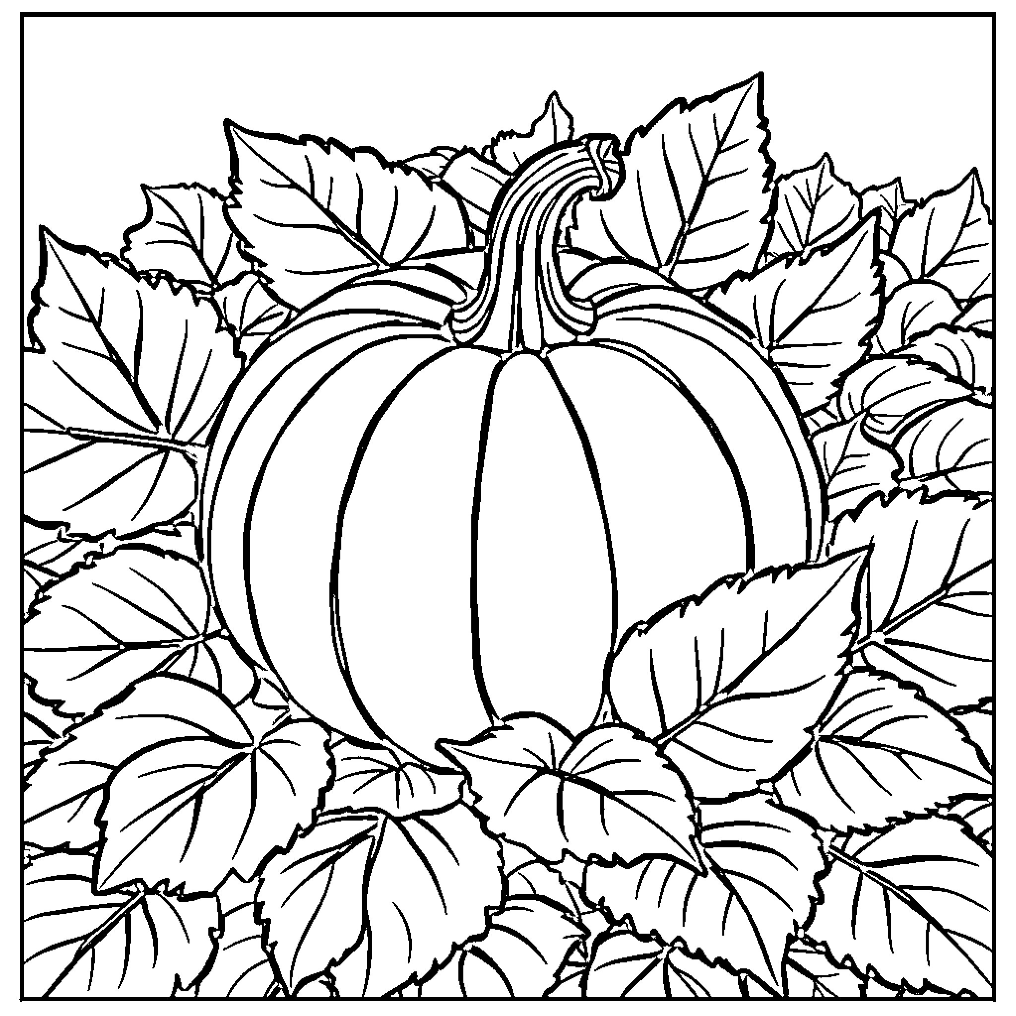 Pumpkin amidst autumn leaves Coloring Page (free black-and-white line drawing printable PDF for all, from beginners to advanced learners, including children, teens, adults, and seniors)