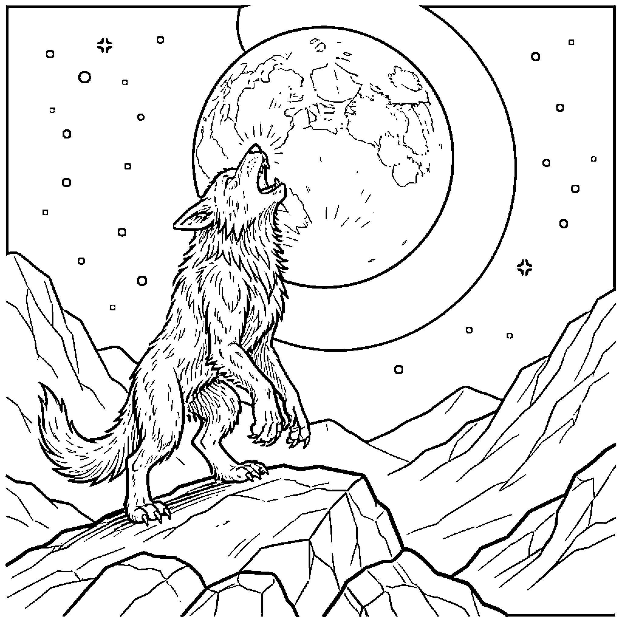 Werewolf howling loudly at the full moon Coloring Page (free black-and-white line drawing printable PDF for all, from beginners to advanced learners, including children, teens, adults, and seniors)