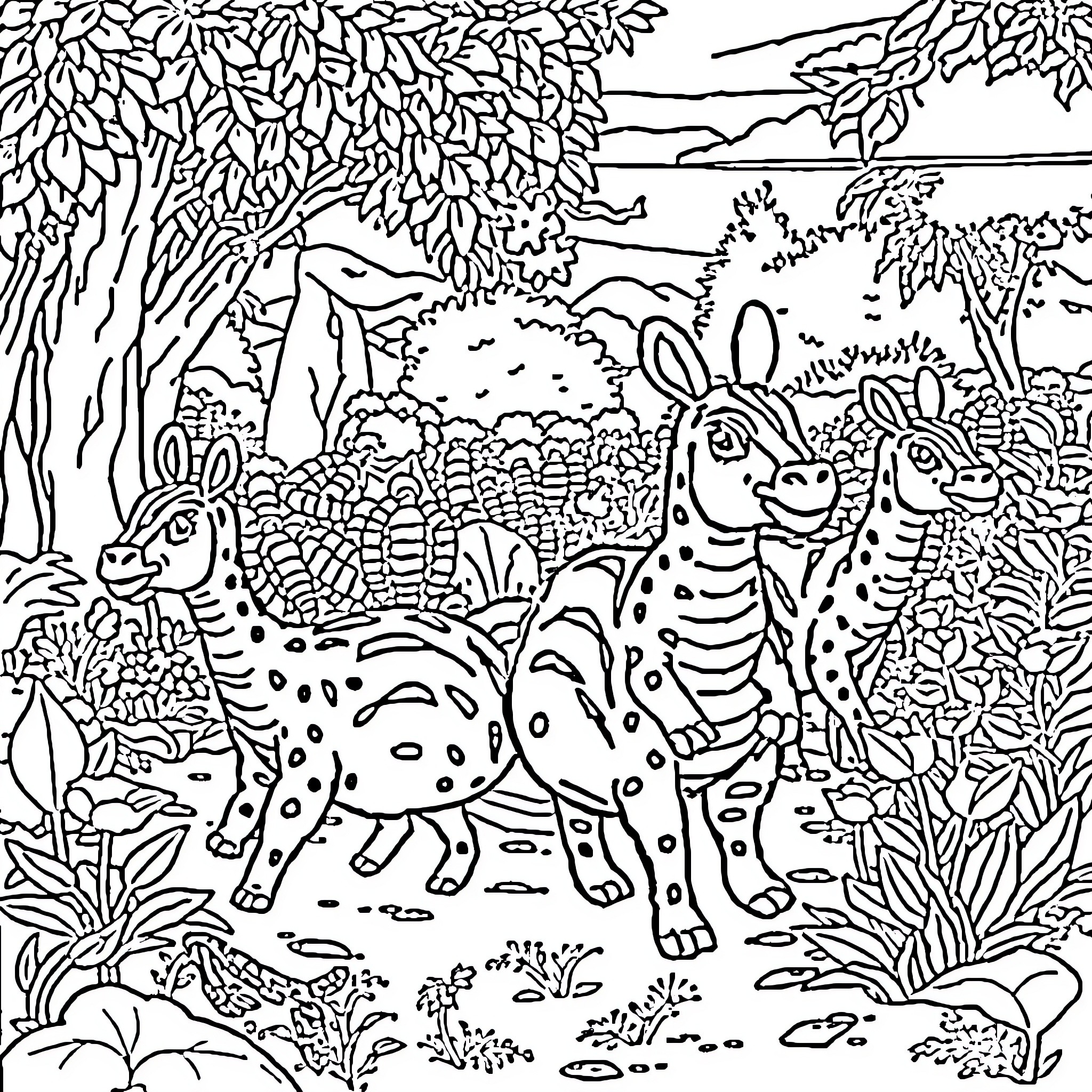 Capybara and Friends in the Lush Forest Coloring Page (free black-and-white line drawing printable PDF for all, from beginners to advanced learners, including children, teens, adults, and seniors)