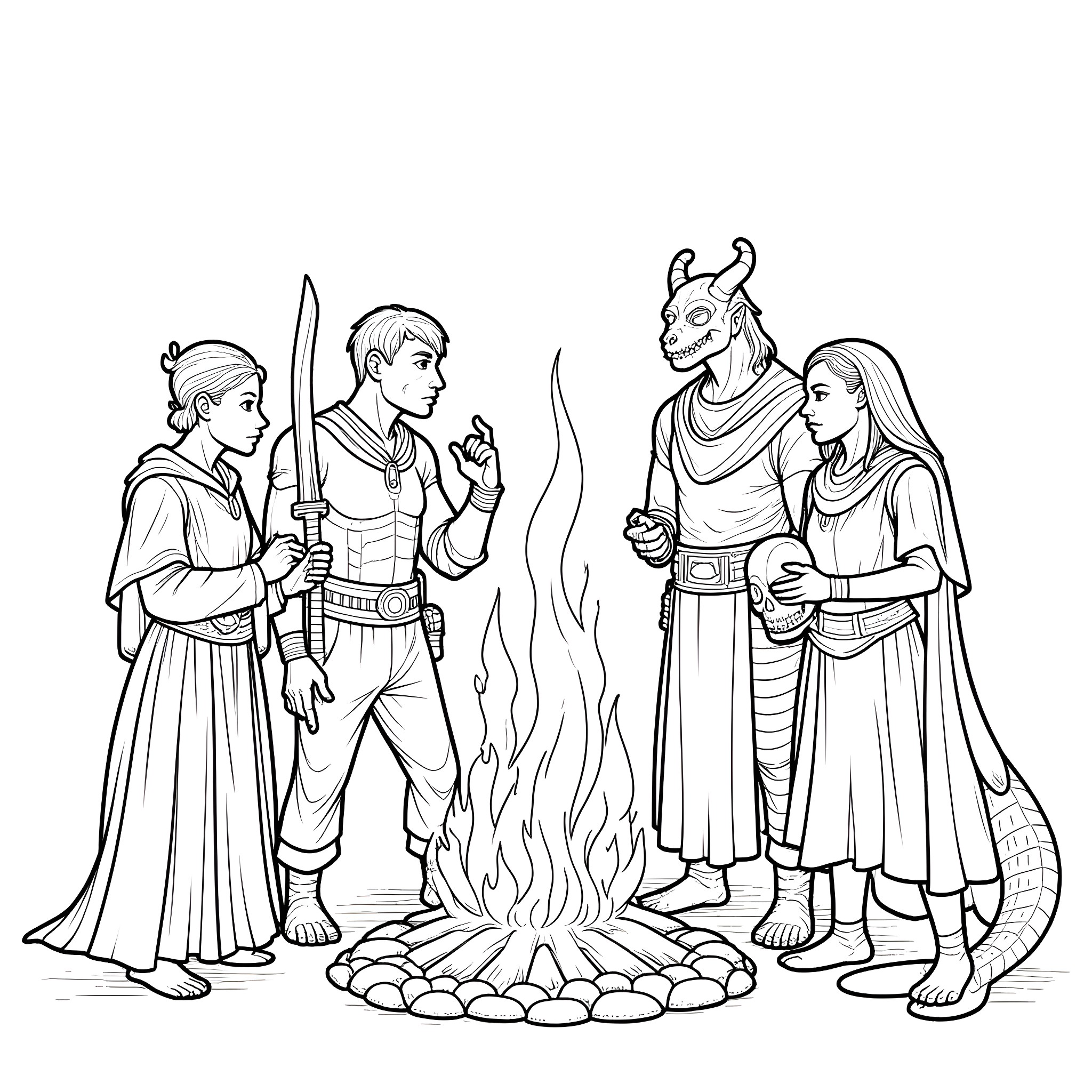Fantasy Characters Gather Around a Campfire Coloring Page (free black-and-white line drawing printable PDF for all, from beginners to advanced learners, including children, teens, adults, and seniors)