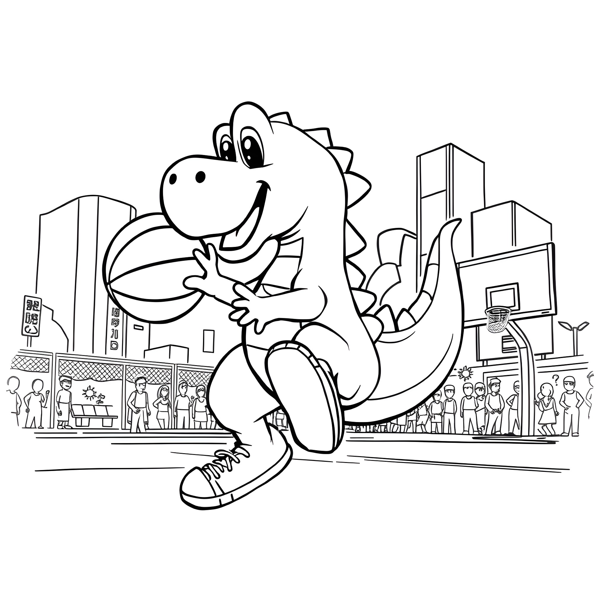 Yoshi dancing joyfully in the city Coloring Page (free black-and-white line drawing printable PDF for all, from beginners to advanced learners, including children, teens, adults, and seniors)