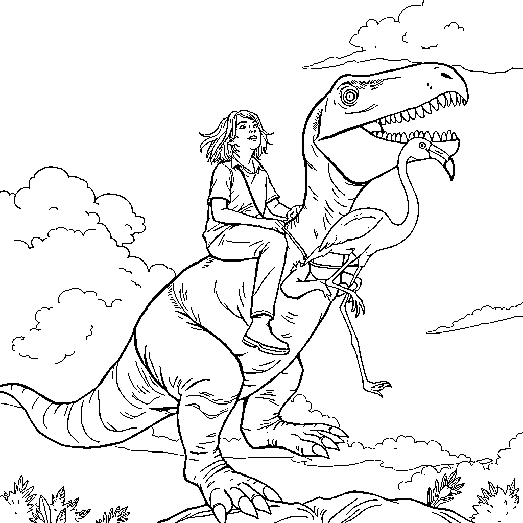 Kurt Cobain riding a fierce dinosaur in the clouds Coloring Page (free black-and-white line drawing printable PDF for all, from beginners to advanced learners, including children, teens, adults, and seniors)
