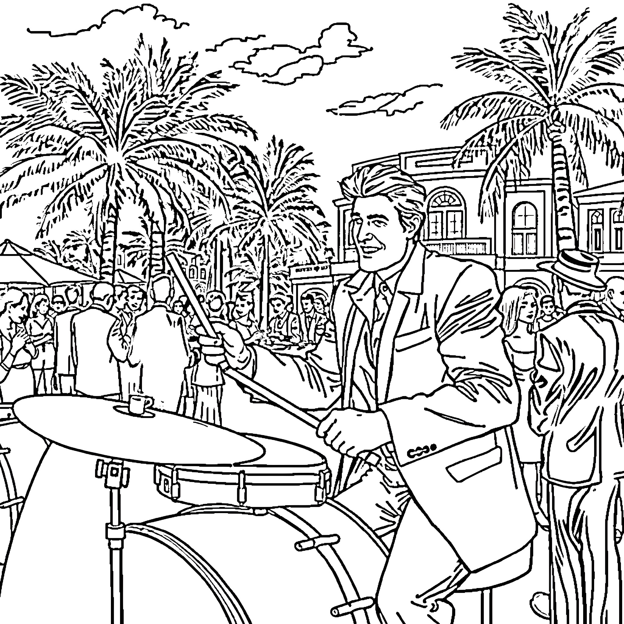 Tom Cruise Plays Drums at a Tropical Beach Party Coloring Page (free black-and-white line drawing printable PDF for all, from beginners to advanced learners, including children, teens, adults, and seniors)