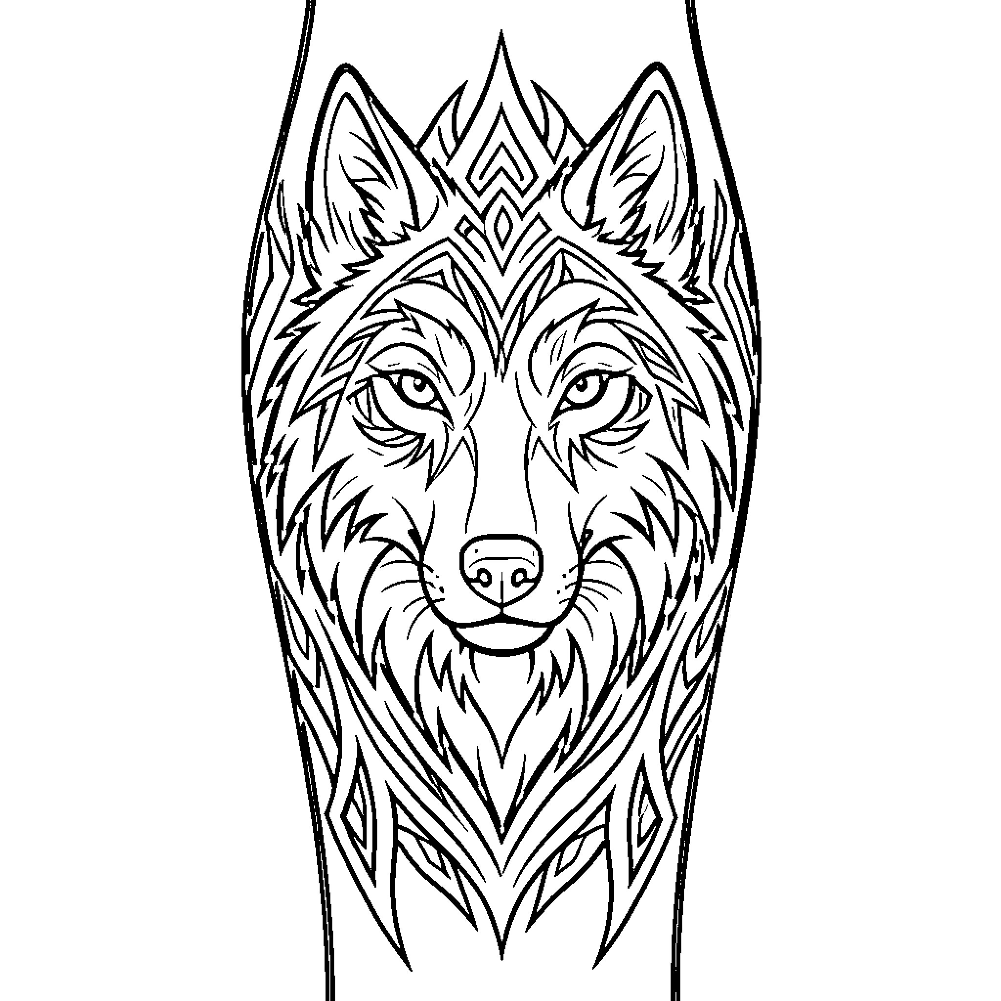 Wolf head with intricate geometric tribal patterns Coloring Page (free black-and-white line drawing printable PDF for all, from beginners to advanced learners, including children, teens, adults, and seniors)