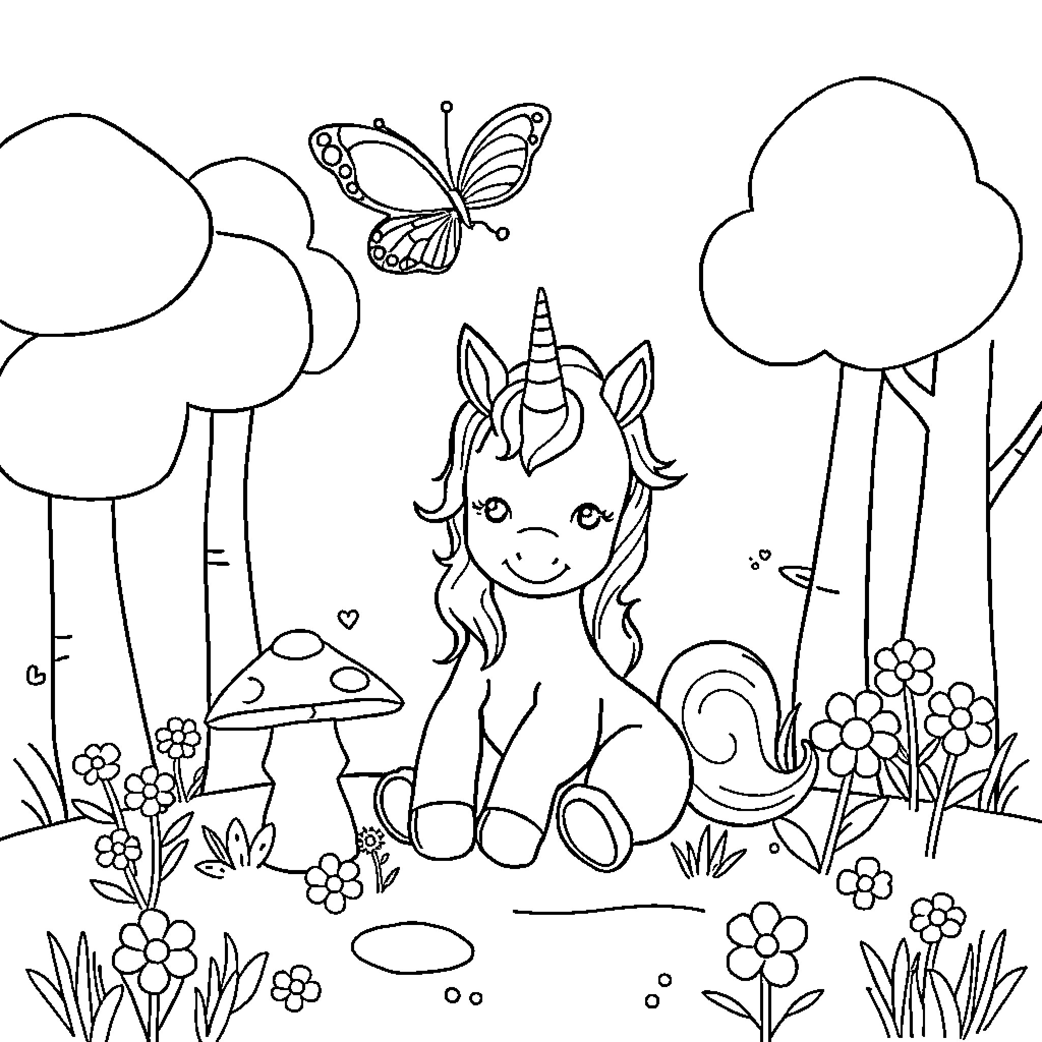 Unicorn playing joyfully in a whimsical forest Coloring Page (free black-and-white line drawing printable PDF for all, from beginners to advanced learners, including children, teens, adults, and seniors)