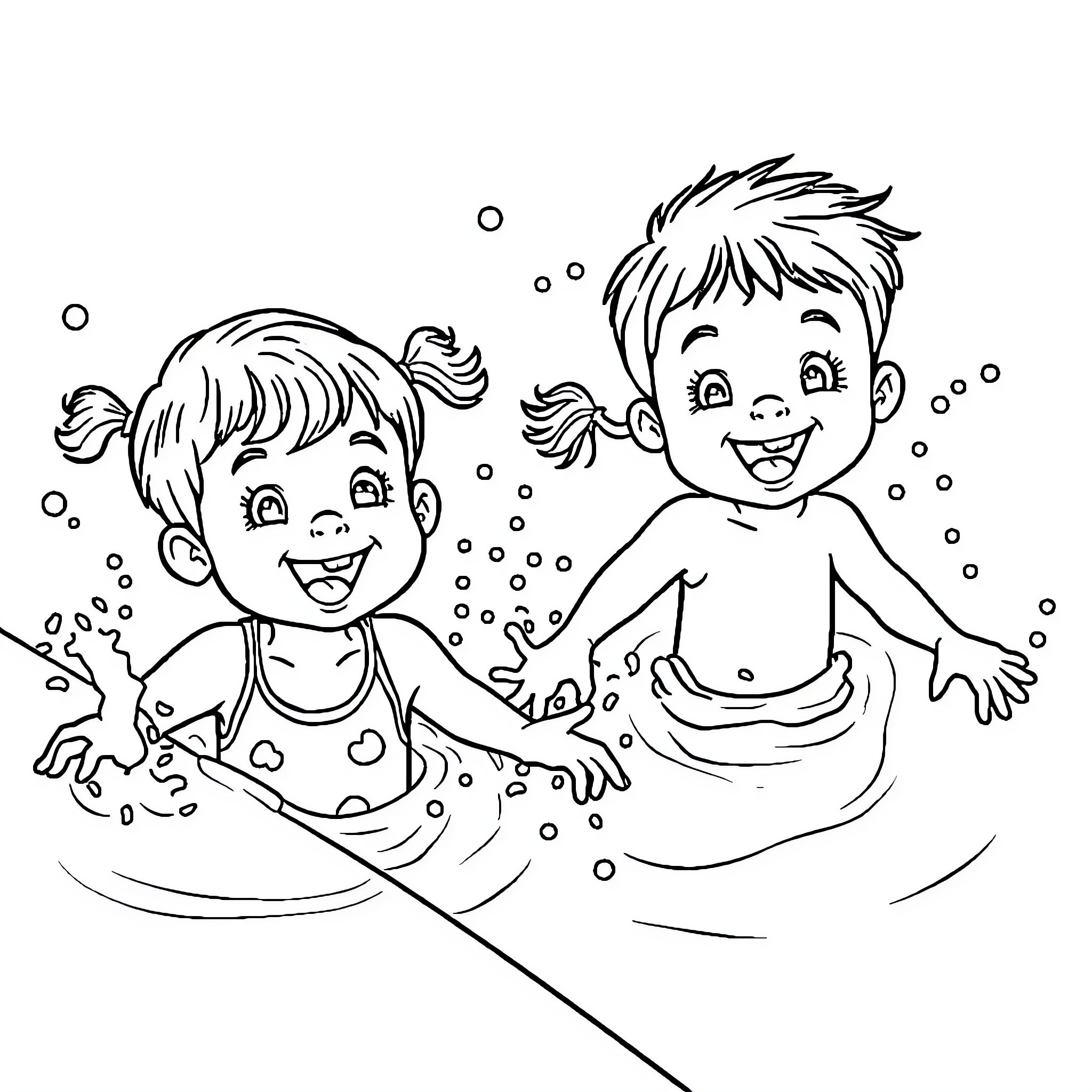 Kids splashing happily in the water Coloring Page (free black-and-white line drawing printable PDF for all, from beginners to advanced learners, including children, teens, adults, and seniors)