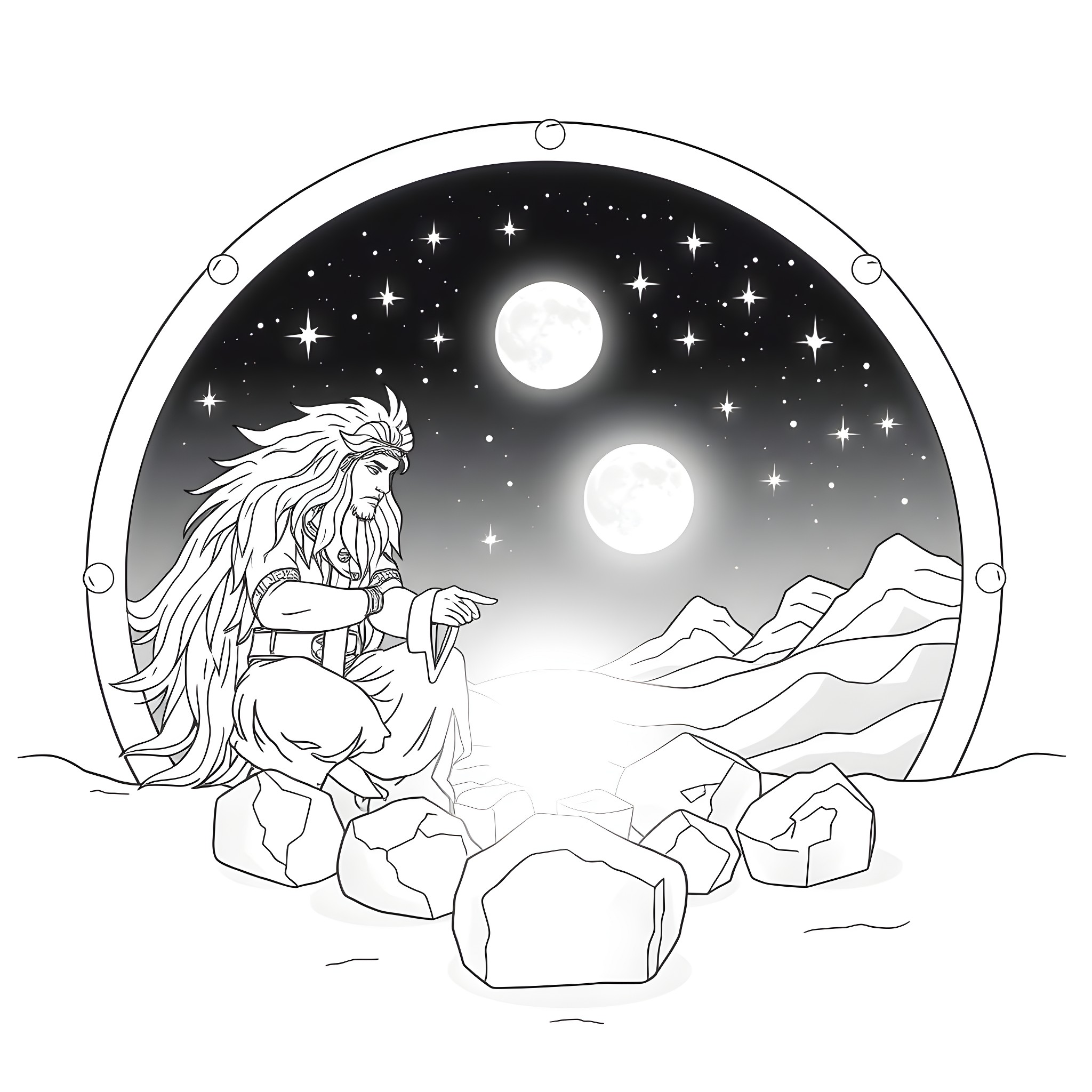 Great Spirit Contemplating the Celestial Wonders Coloring Page (free black-and-white line drawing printable PDF for all, from beginners to advanced learners, including children, teens, adults, and seniors)