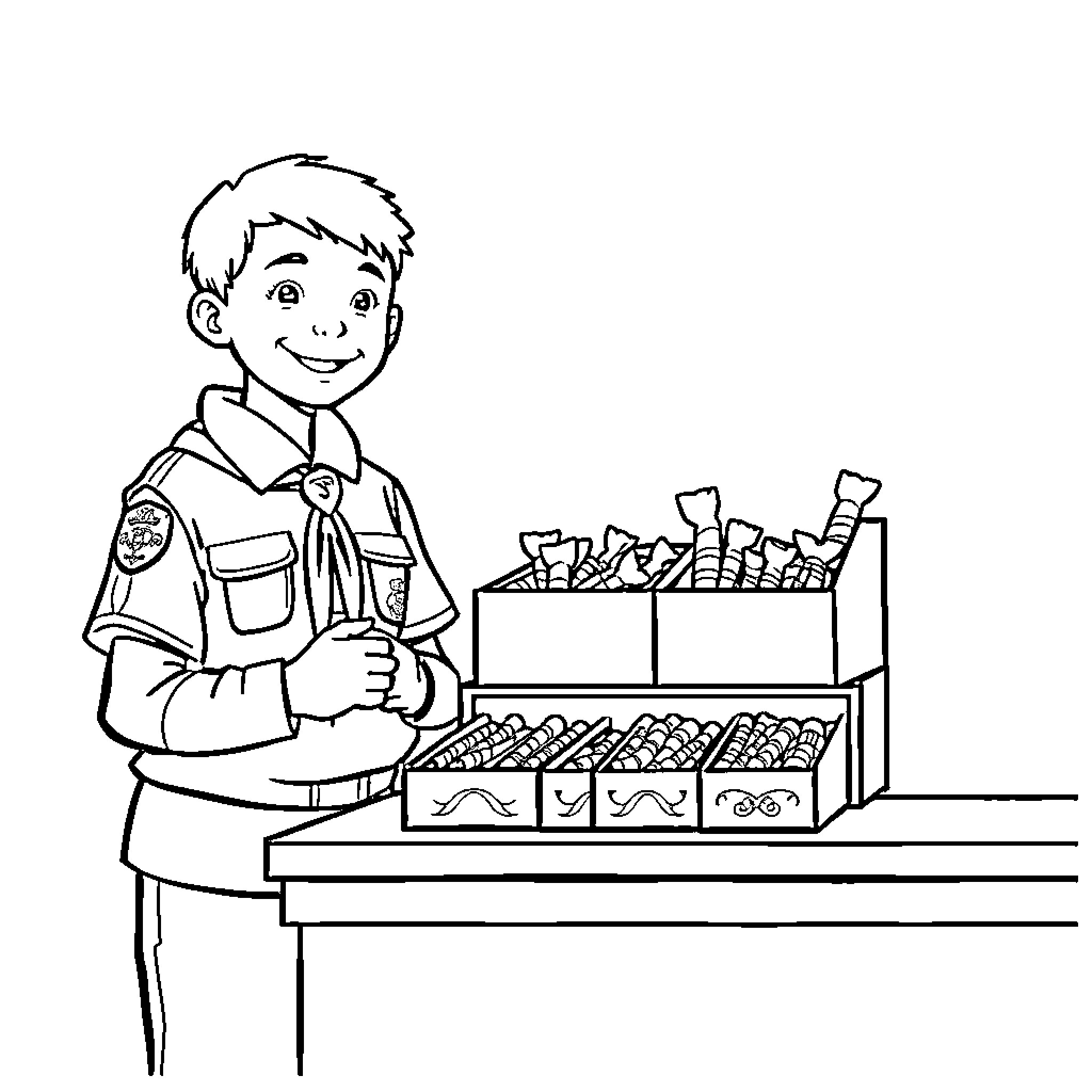 Cub Scout Selling Snacks at a Fundraiser Coloring Page (free black-and-white line drawing printable PDF for all, from beginners to advanced learners, including children, teens, adults, and seniors)