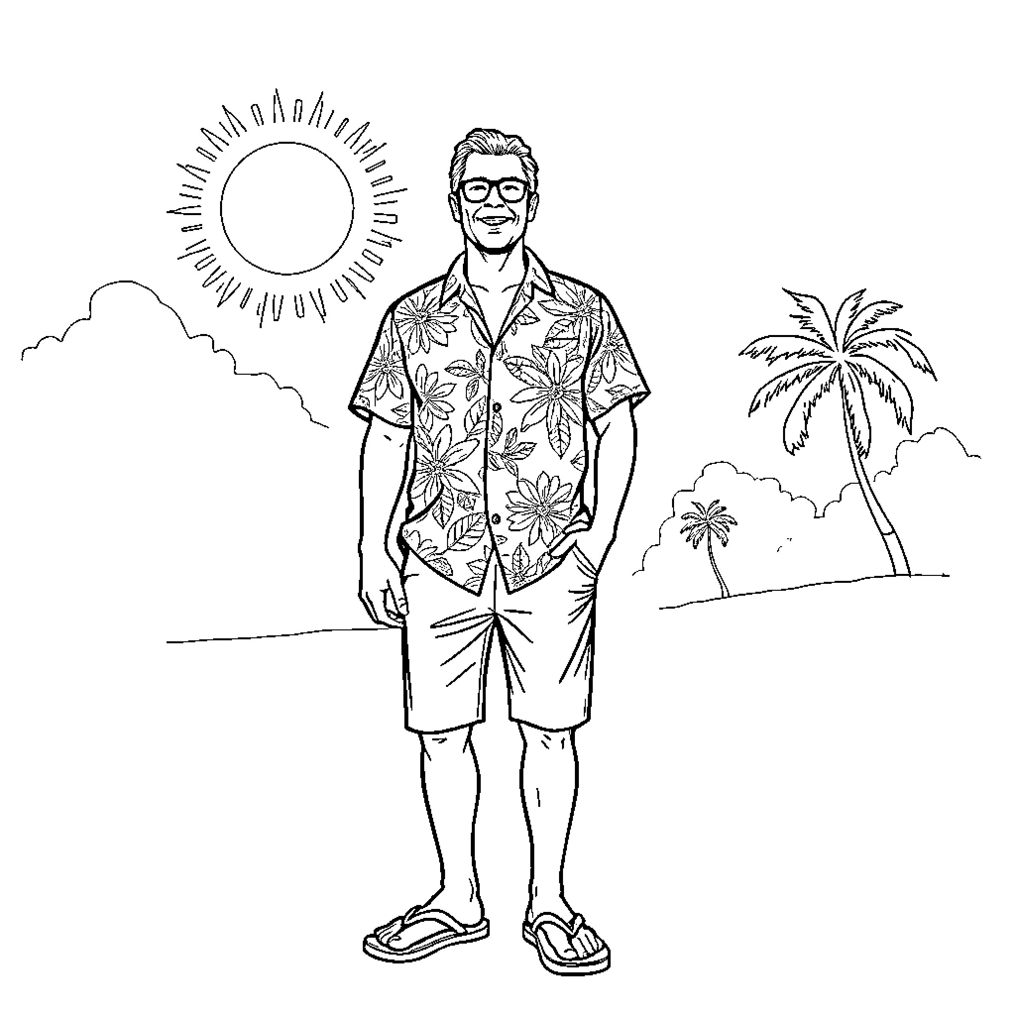 Florida Man enjoys tropical vacation in the sun Coloring Page (free black-and-white line drawing printable PDF for all, from beginners to advanced learners, including children, teens, adults, and seniors)