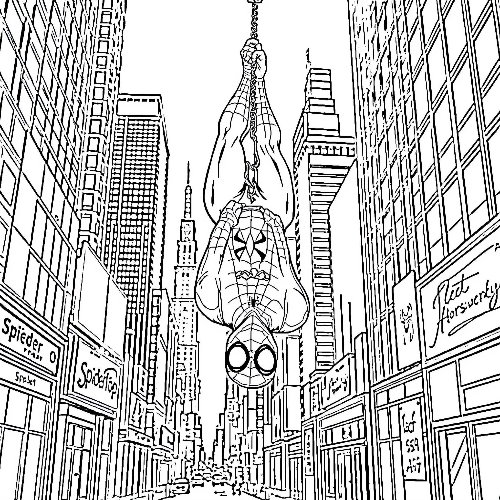 Spiderman swinging through the city skyline Coloring Page (free black-and-white line drawing printable PDF for all, from beginners to advanced learners, including children, teens, adults, and seniors)