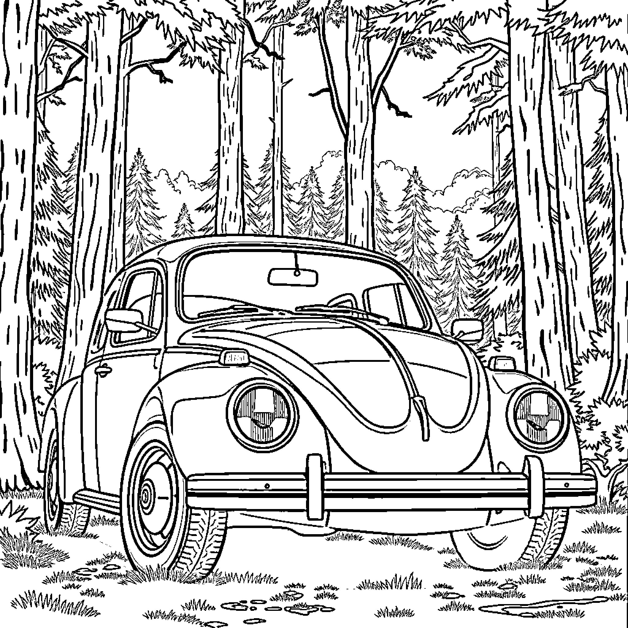 Beetle Exploring the Forested Wilderness Coloring Page (free black-and-white line drawing printable PDF for all, from beginners to advanced learners, including children, teens, adults, and seniors)