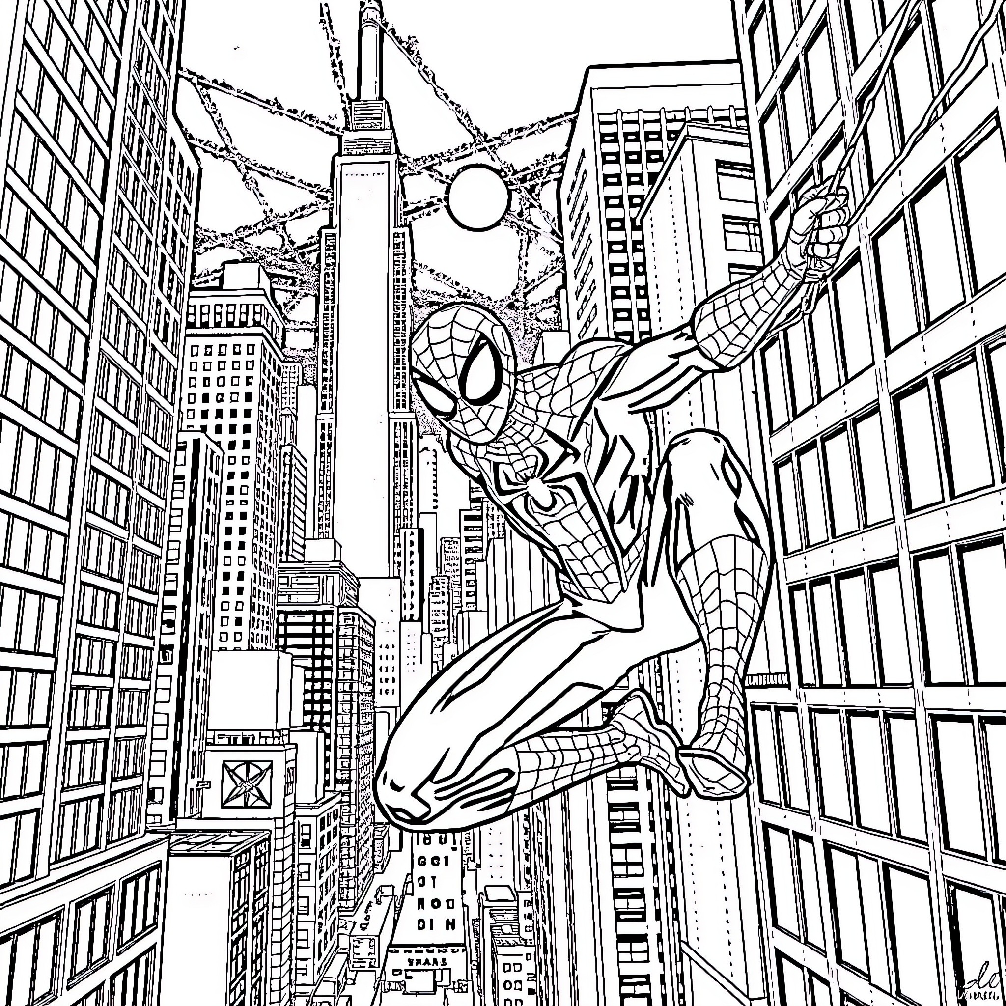 Spiderman swinging through the city skyline Coloring Page (free black-and-white line drawing printable PDF for all, from beginners to advanced learners, including children, teens, adults, and seniors)