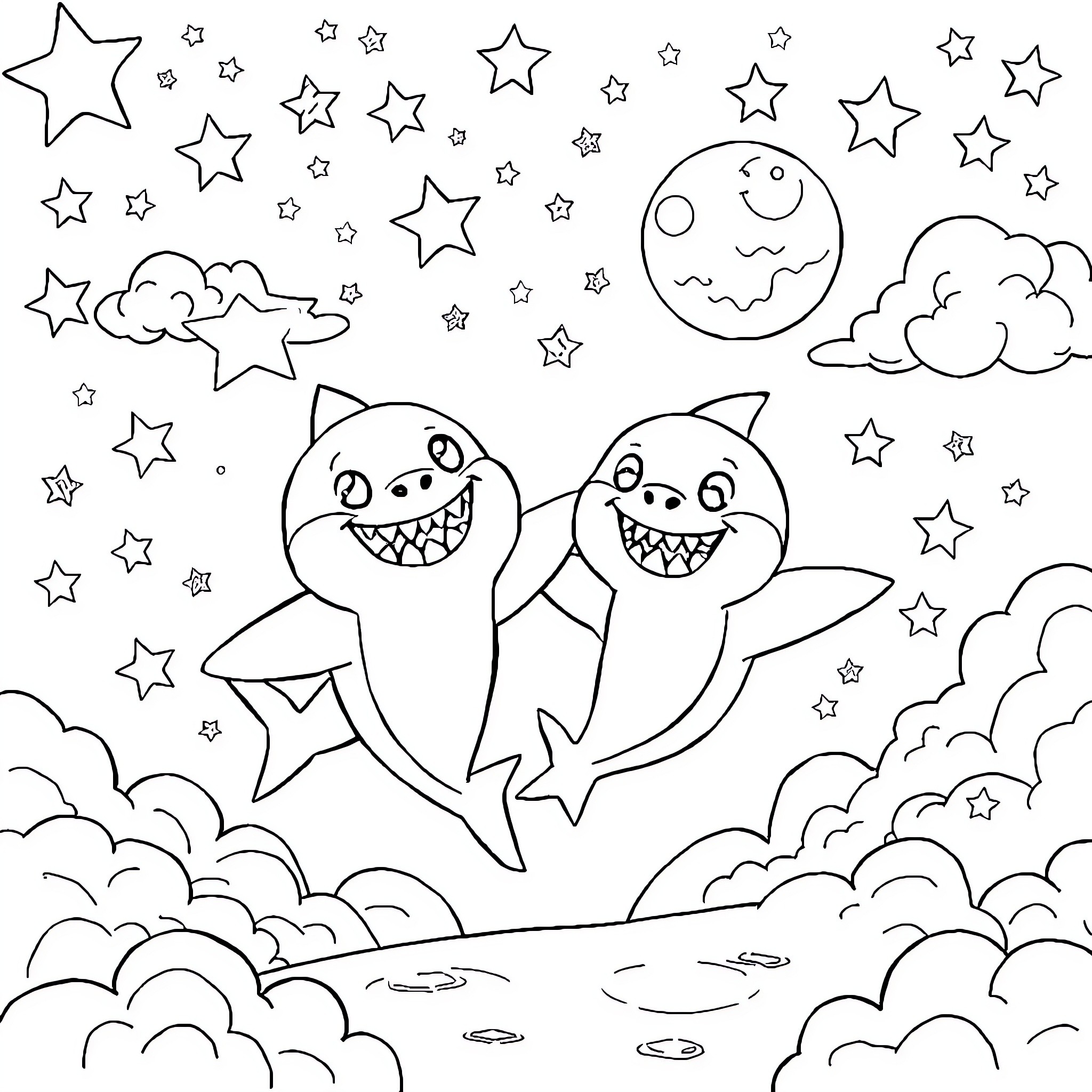 Shark friends playing in the starry night sky Coloring Page (free black-and-white line drawing printable PDF for all, from beginners to advanced learners, including children, teens, adults, and seniors)