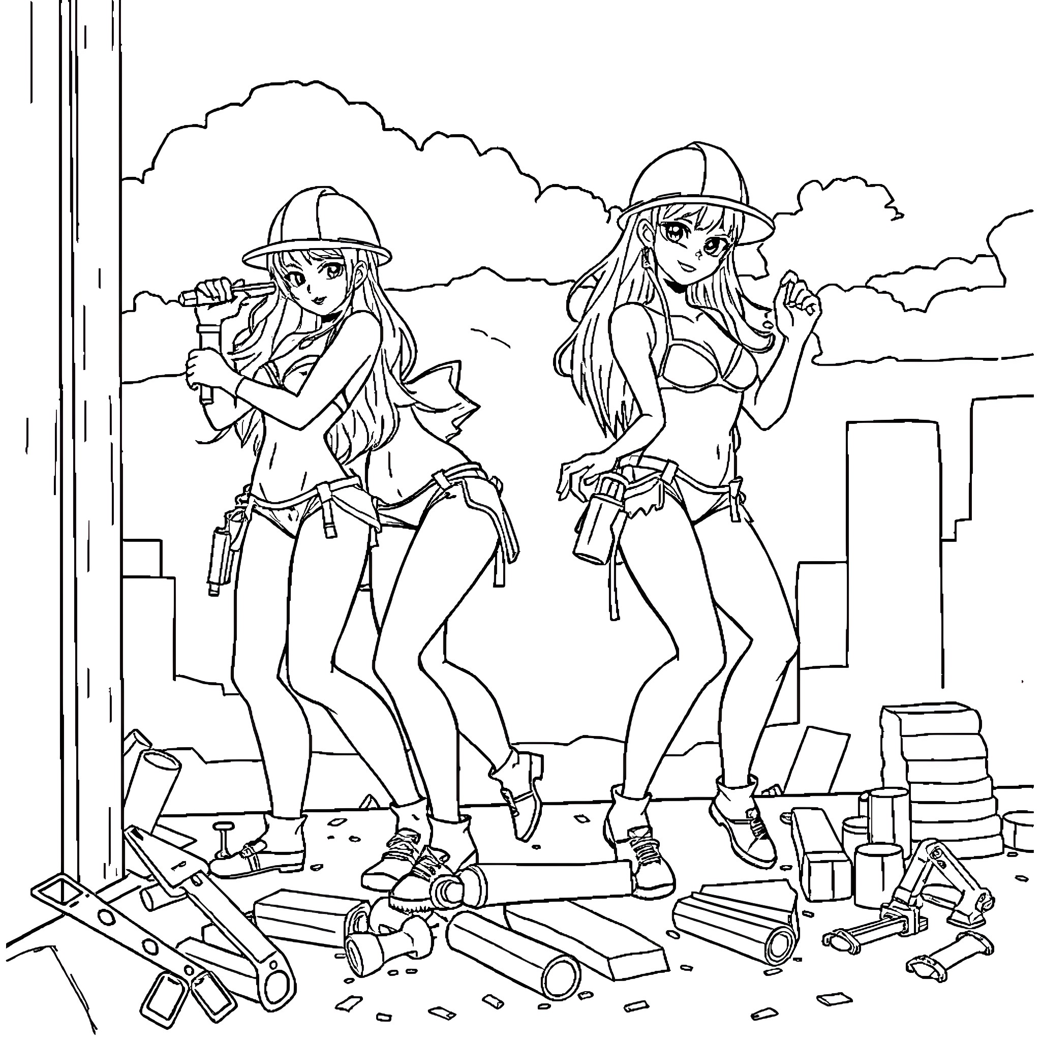 Bikini Girls Posing Amid Construction Site Coloring Page (free black-and-white line drawing printable PDF for all, from beginners to advanced learners, including children, teens, adults, and seniors)