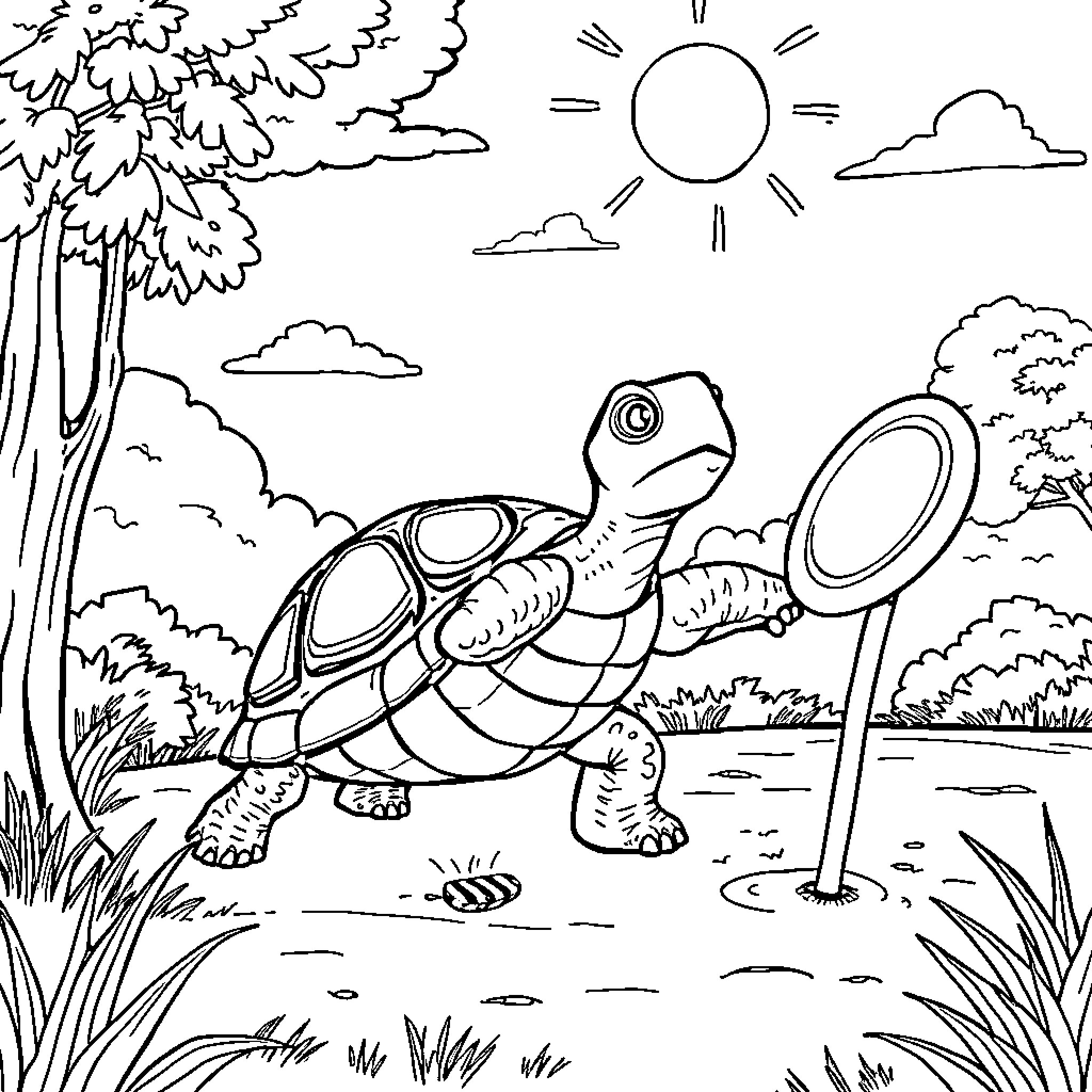 Turtle exploring the outdoors Coloring Page (free black-and-white line drawing printable PDF for all, from beginners to advanced learners, including children, teens, adults, and seniors)