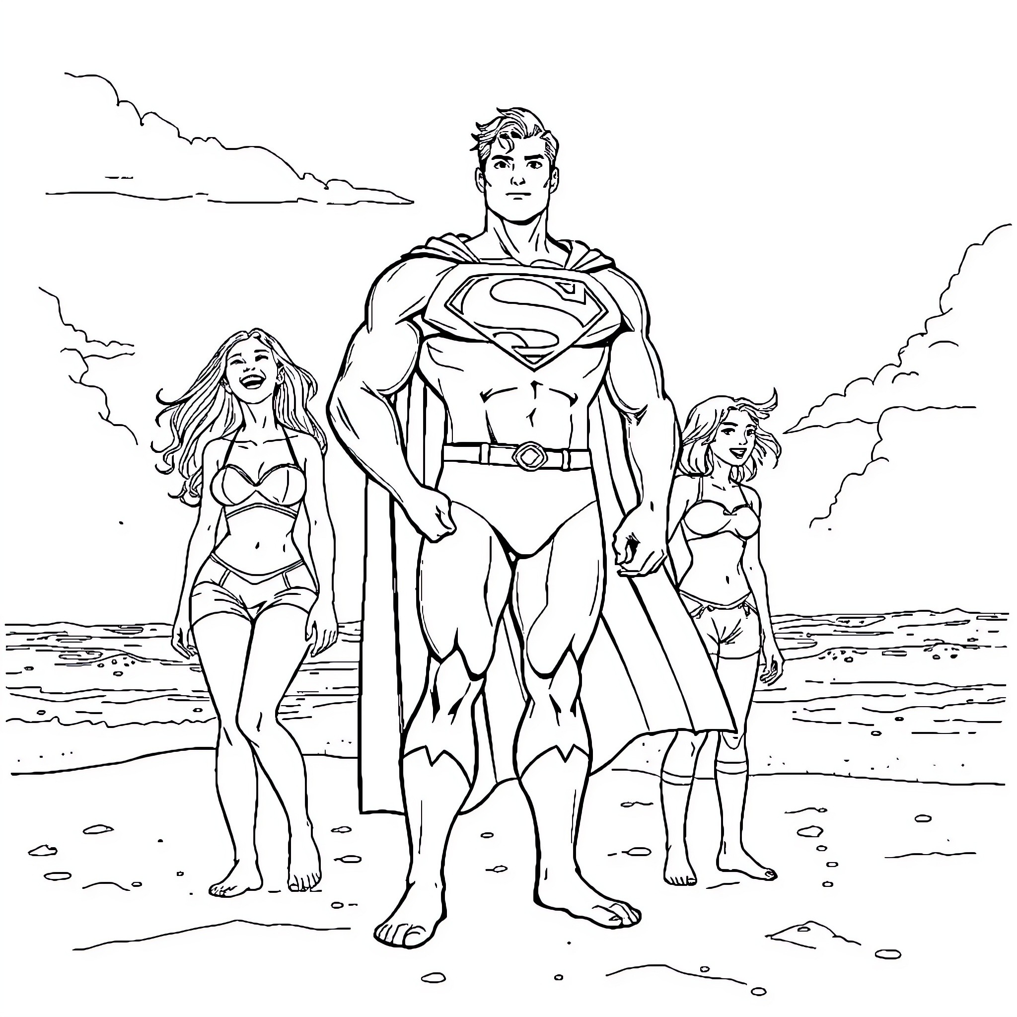 Superman's beachside adventure with companions Coloring Page (free black-and-white line drawing printable PDF for all, from beginners to advanced learners, including children, teens, adults, and seniors)
