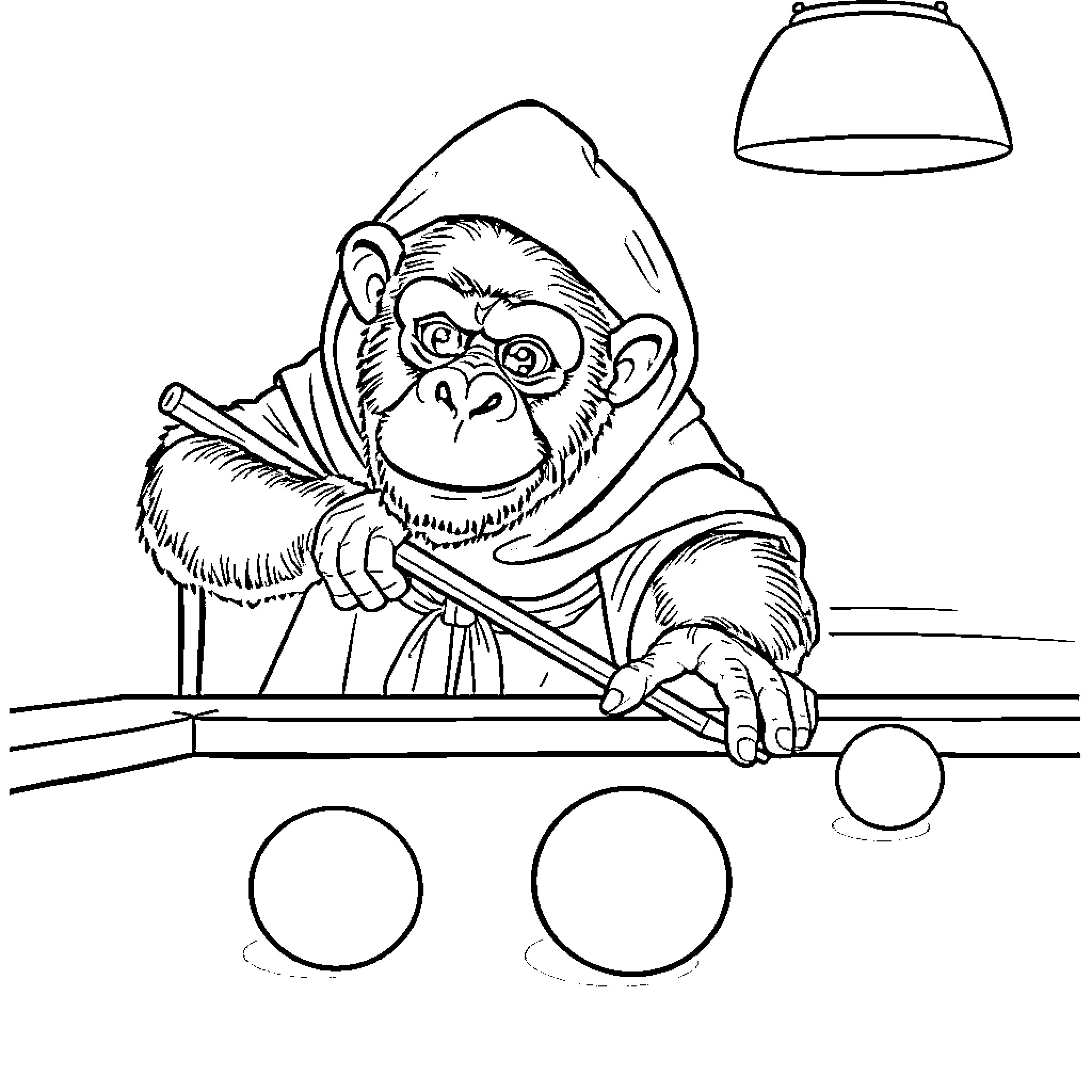 Chimp playing pool with a serious expression Coloring Page (free black-and-white line drawing printable PDF for all, from beginners to advanced learners, including children, teens, adults, and seniors)