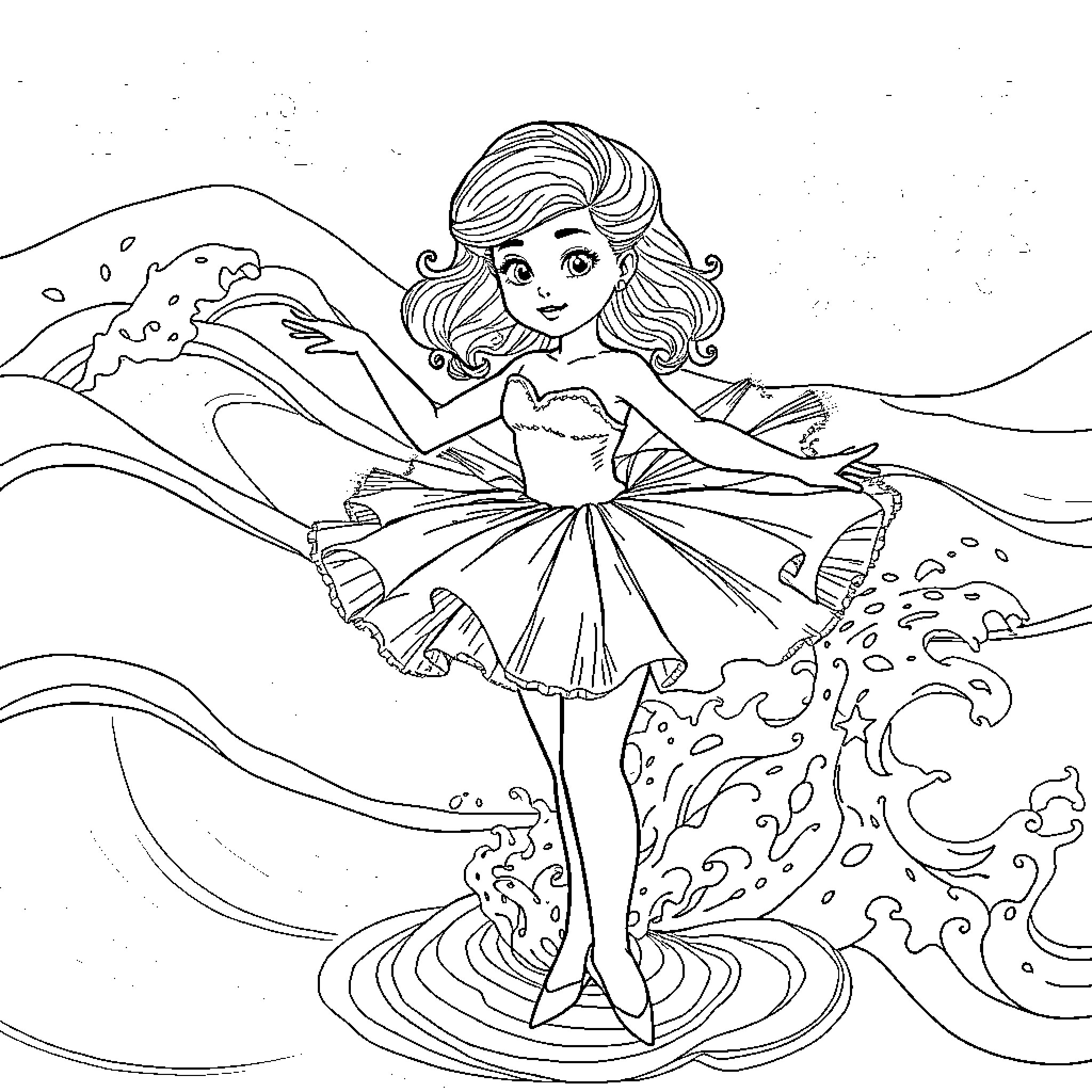 Mercredi Adams in a whimsical dance among the waves Coloring Page (free black-and-white line drawing printable PDF for all, from beginners to advanced learners, including children, teens, adults, and seniors)
