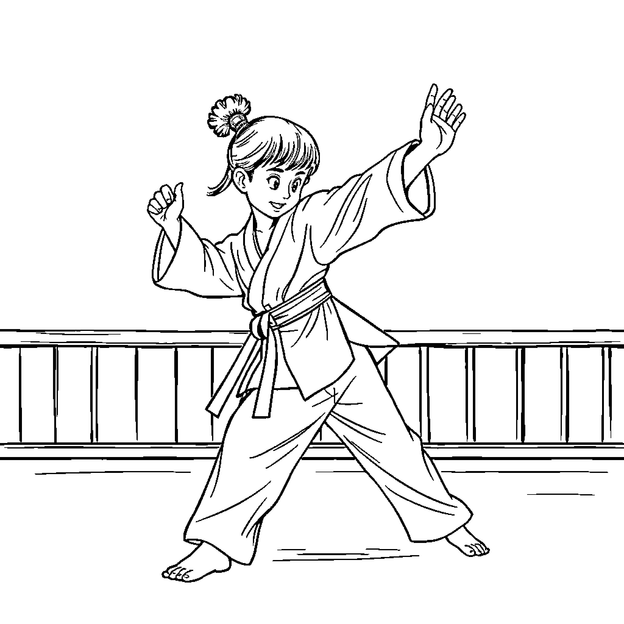 Girl dancing gracefully in traditional Japanese outfit Coloring Page (free black-and-white line drawing printable PDF for all, from beginners to advanced learners, including children, teens, adults, and seniors)