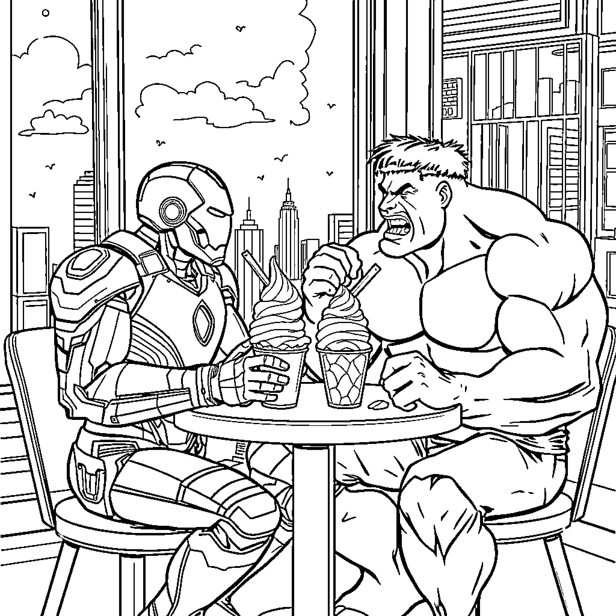 Iron Man and Hulk Enjoying Ice Cream in the City Coloring Page (free black-and-white line drawing printable PDF for all, from beginners to advanced learners, including children, teens, adults, and seniors)