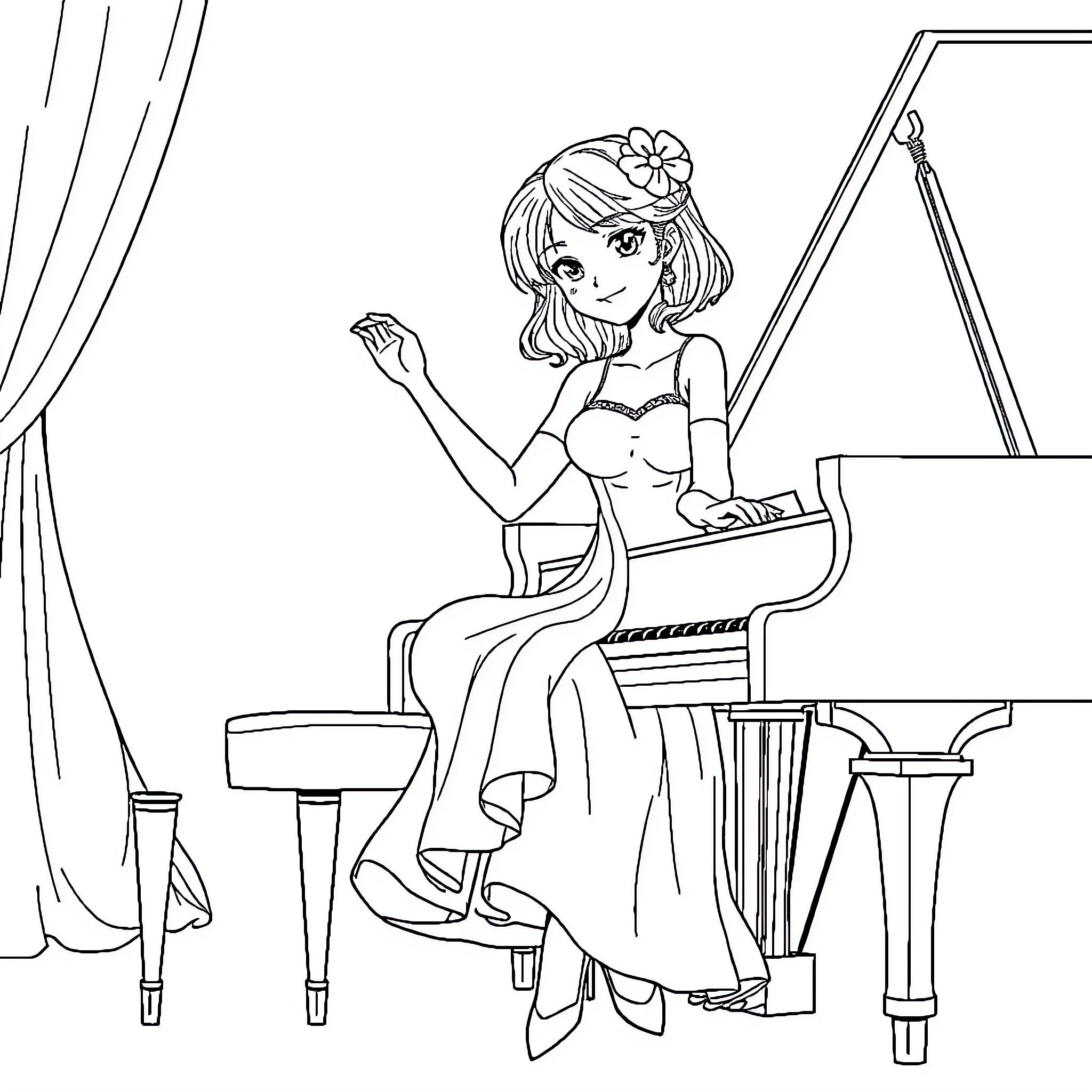 Shinobu playing piano in a stylish dress Coloring Page (free black-and-white line drawing printable PDF for all, from beginners to advanced learners, including children, teens, adults, and seniors)