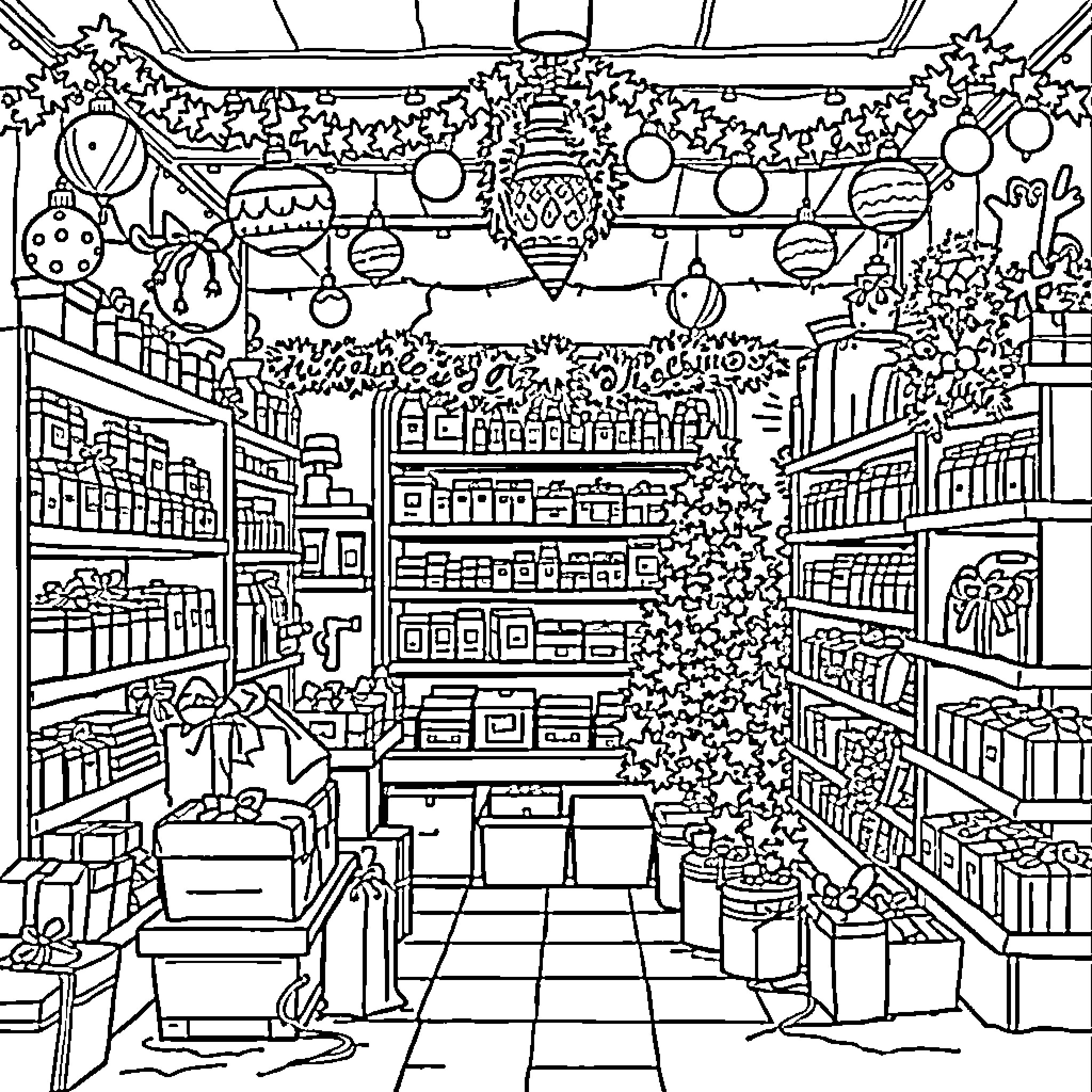 Pharmacy decked out for the holidays Coloring Page (free black-and-white line drawing printable PDF for all, from beginners to advanced learners, including children, teens, adults, and seniors)
