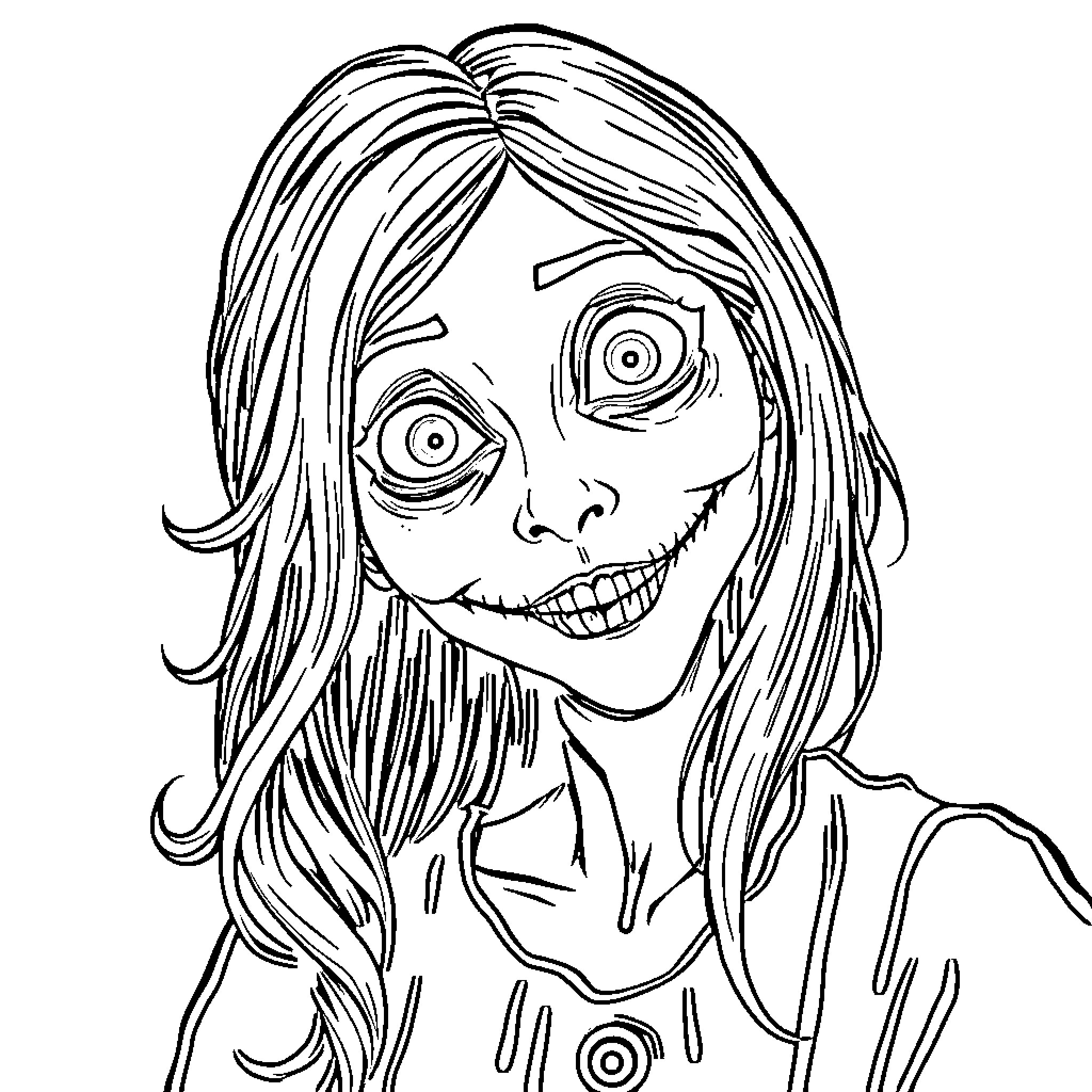 Deer with spooky appearance and expression Coloring Page (free black-and-white line drawing printable PDF for all, from beginners to advanced learners, including children, teens, adults, and seniors)