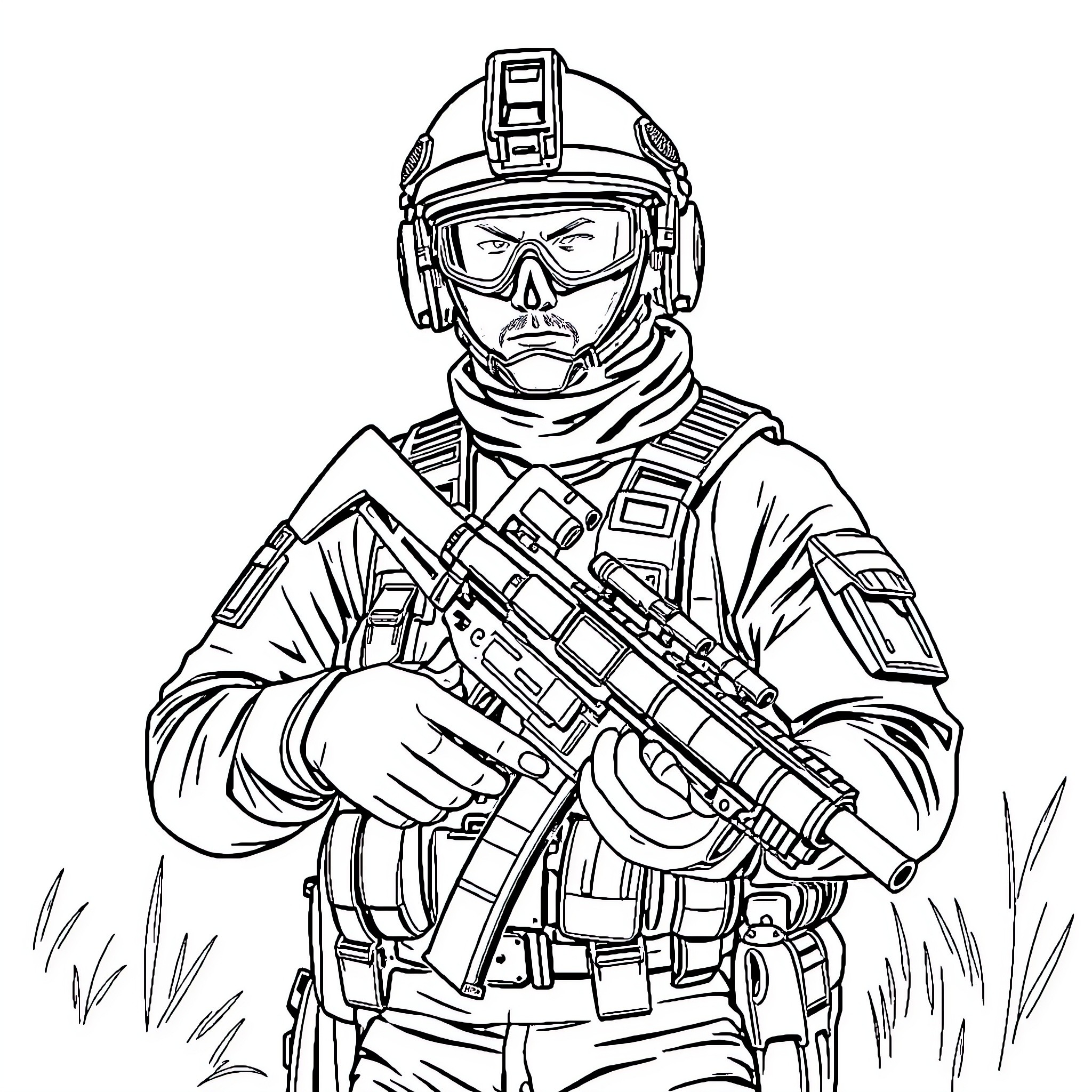 GIGN Special Forces Operator in Combat Gear Coloring Page (free black-and-white line drawing printable PDF for all, from beginners to advanced learners, including children, teens, adults, and seniors)