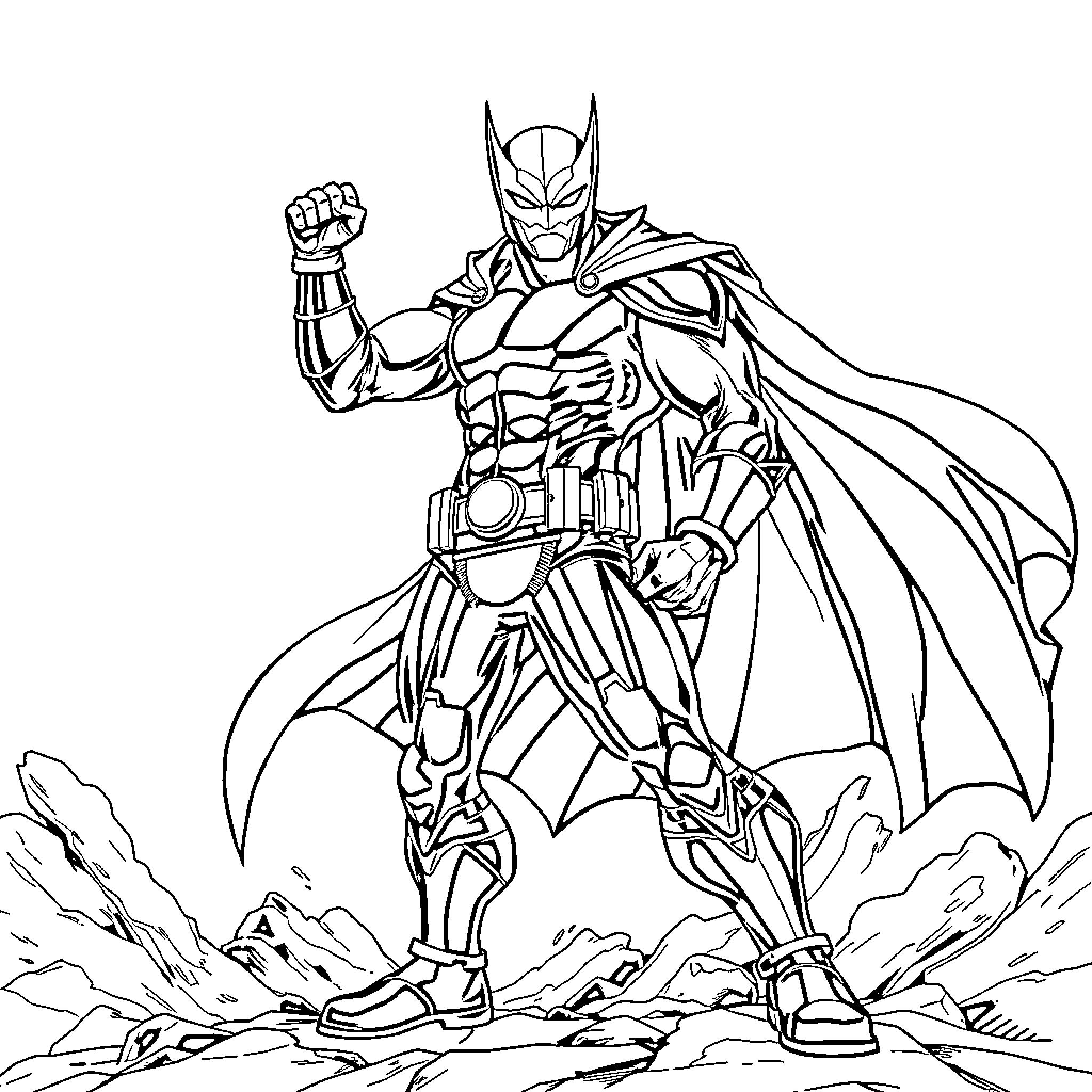 X-Man in Heroic Pose on Rocky Terrain Coloring Page (free black-and-white line drawing printable PDF for all, from beginners to advanced learners, including children, teens, adults, and seniors)
