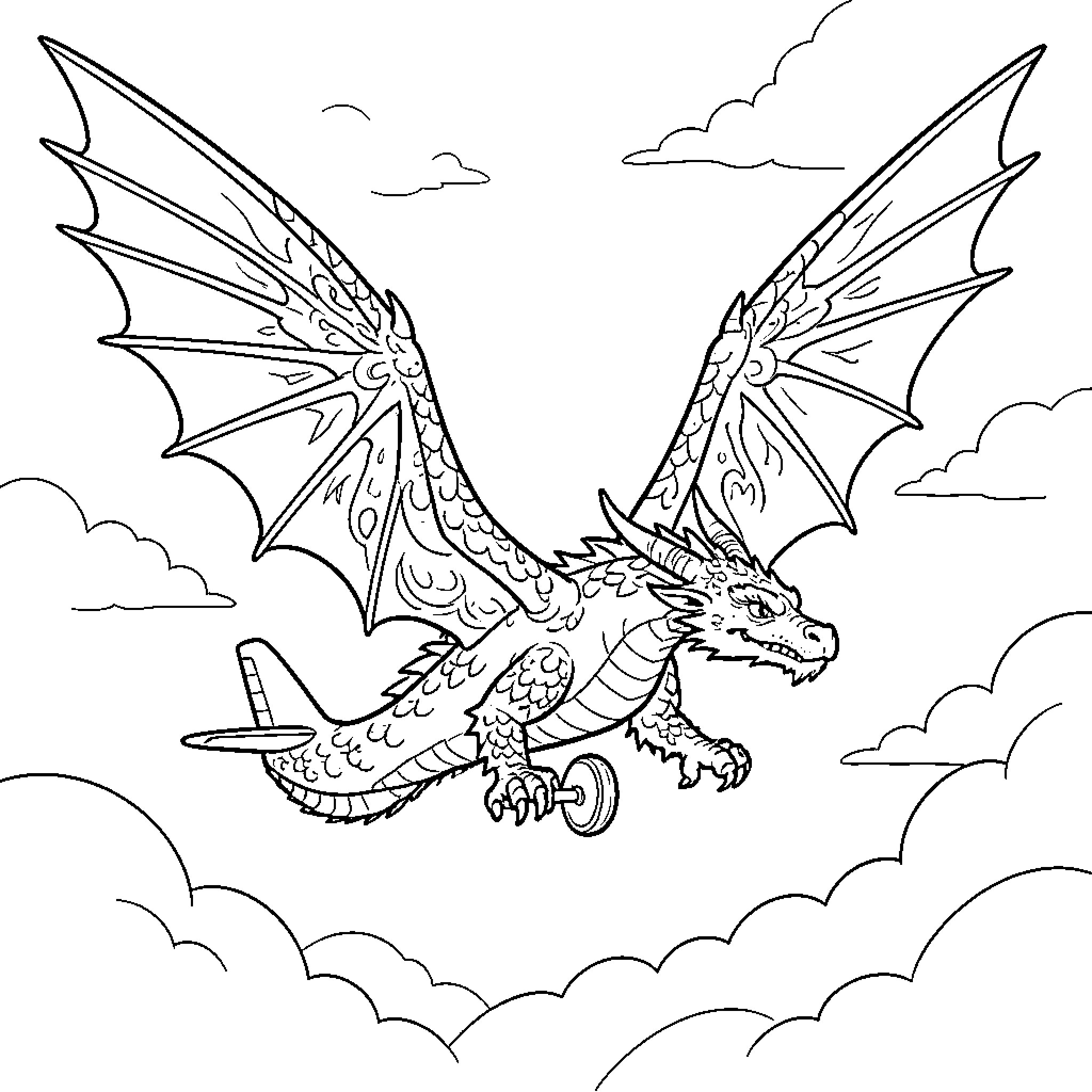 Dragon Airplane soaring through cloudy skies Coloring Page (free black-and-white line drawing printable PDF for all, from beginners to advanced learners, including children, teens, adults, and seniors)