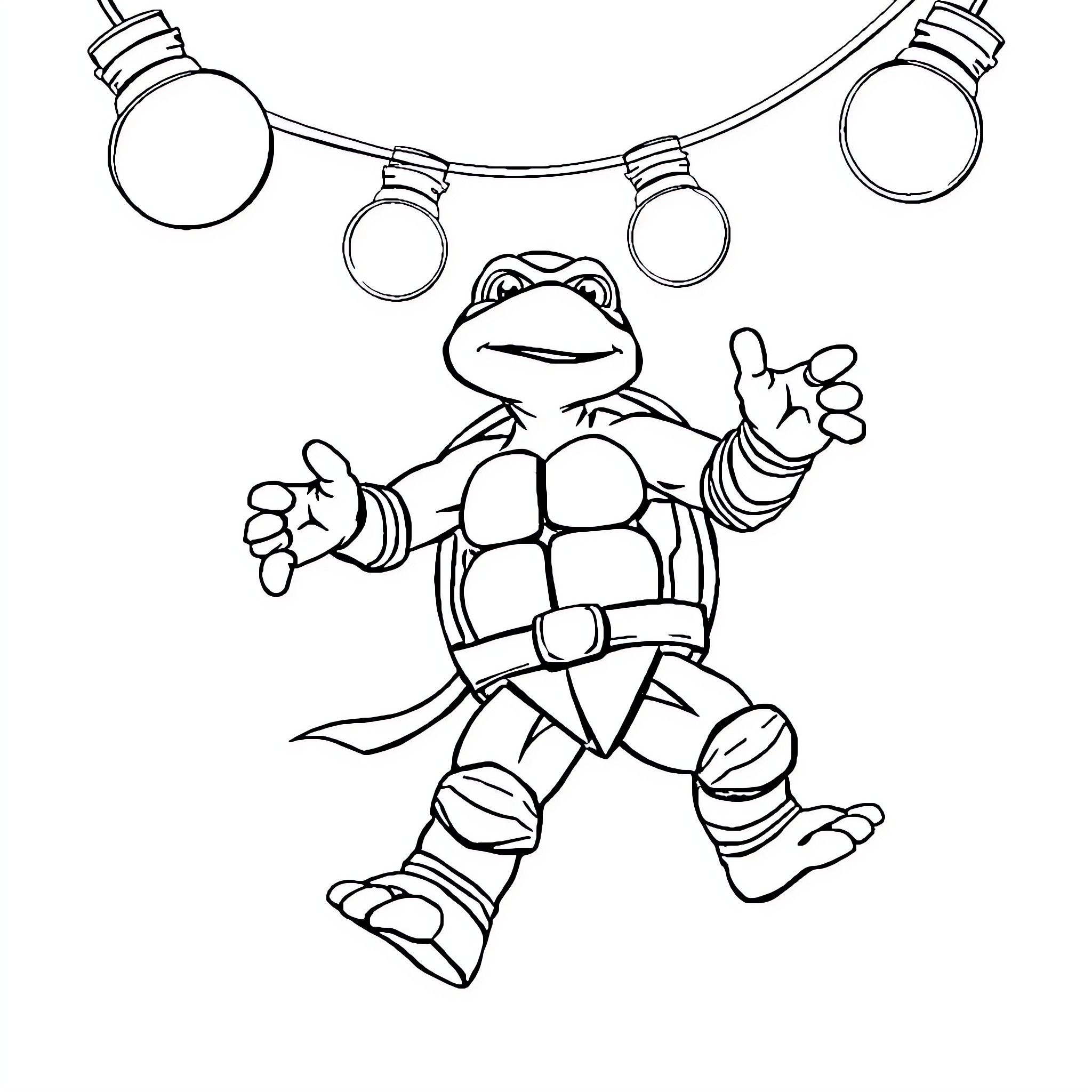 Ninja Turtle performing acrobatic stunts under lights Coloring Page (free black-and-white line drawing printable PDF for all, from beginners to advanced learners, including children, teens, adults, and seniors)