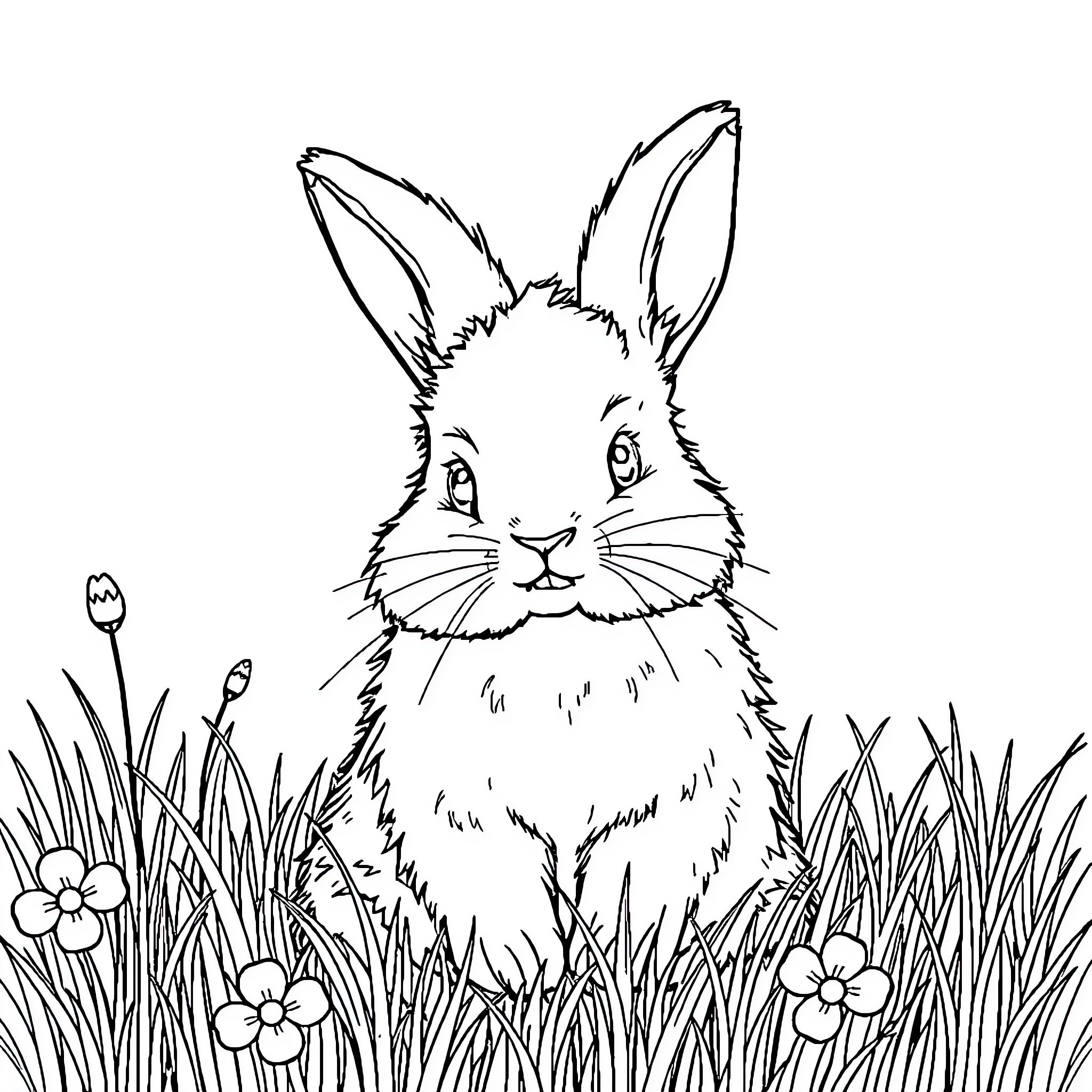 Bunny resting in the grassy meadow Coloring Page (free black-and-white line drawing printable PDF for all, from beginners to advanced learners, including children, teens, adults, and seniors)