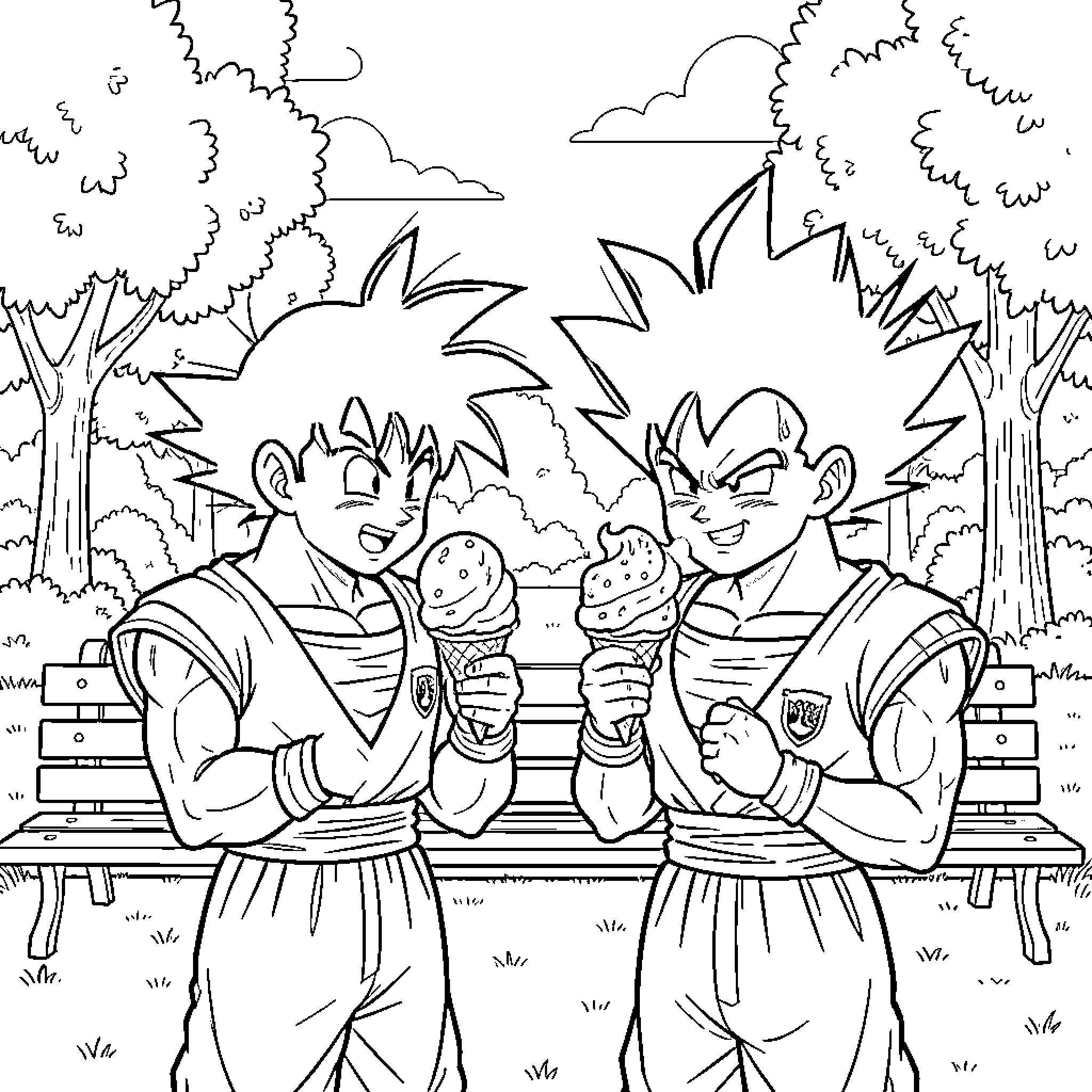 Dragon Ball Characters Enjoying Ice Cream in Outdoor Setting Coloring Page (free black-and-white line drawing printable PDF for all, from beginners to advanced learners, including children, teens, adults, and seniors)