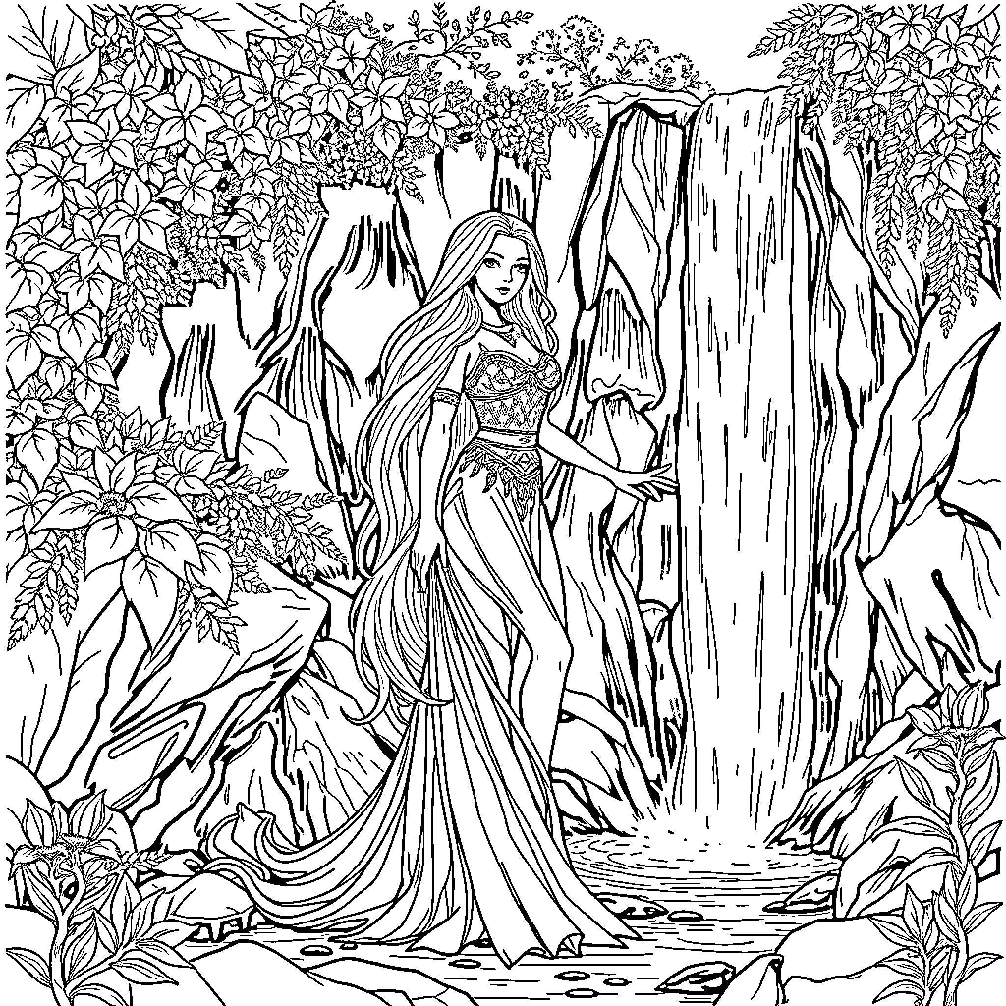 Waterfall Goddess in Enchanted Forest Landscape Coloring Page (free black-and-white line drawing printable PDF for all, from beginners to advanced learners, including children, teens, adults, and seniors)
