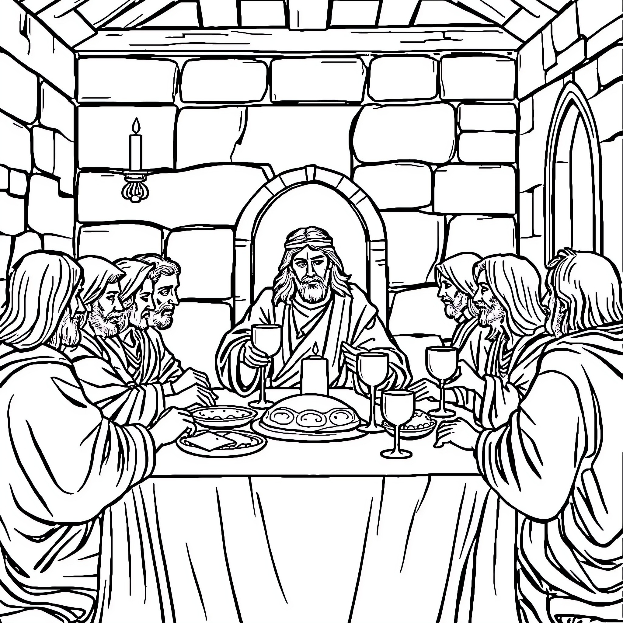 Jesus sharing a meal with his disciples Coloring Page (free black-and-white line drawing printable PDF for all, from beginners to advanced learners, including children, teens, adults, and seniors)