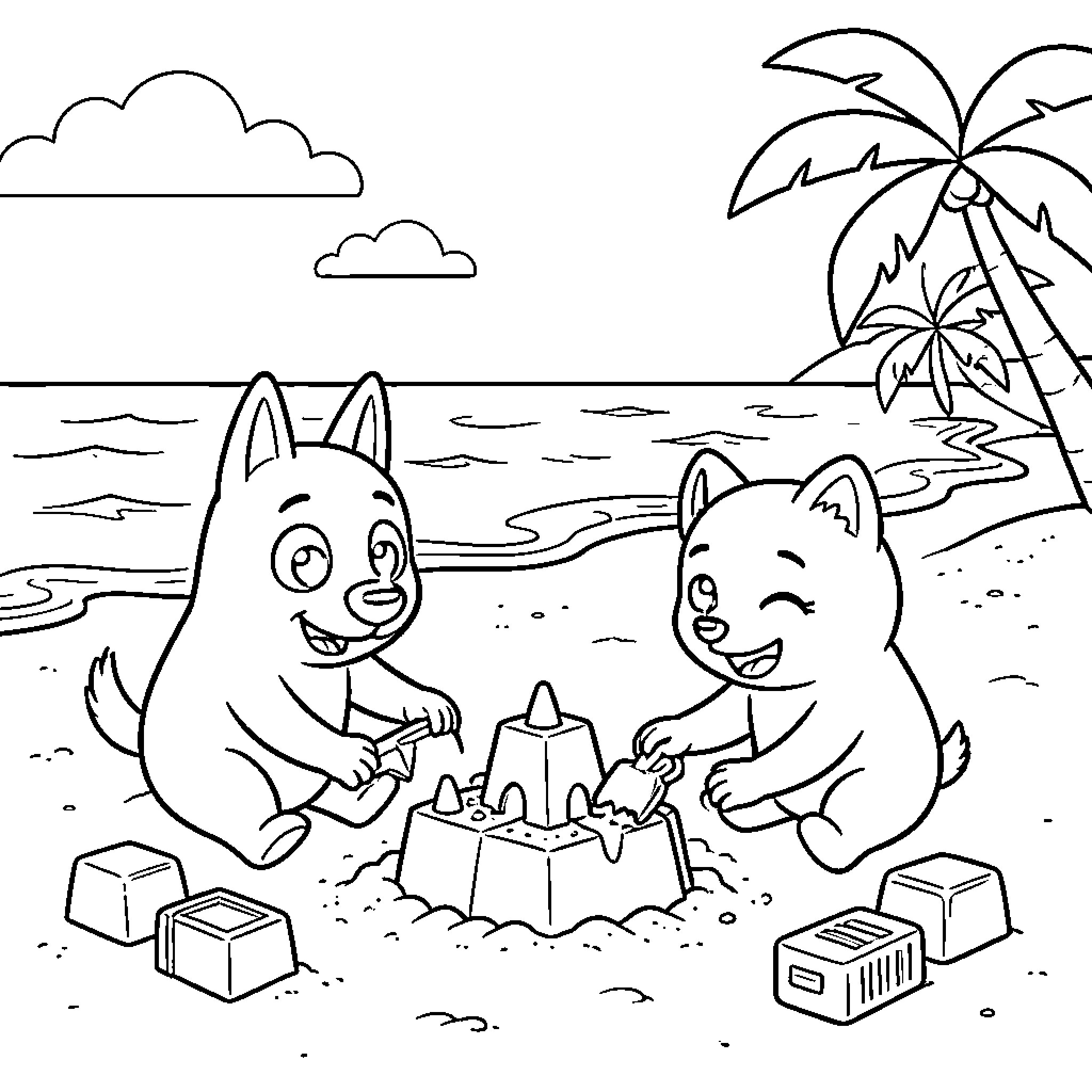 Bluey and friends building a sand castle at the beach Coloring Page (free black-and-white line drawing printable PDF for all, from beginners to advanced learners, including children, teens, adults, and seniors)