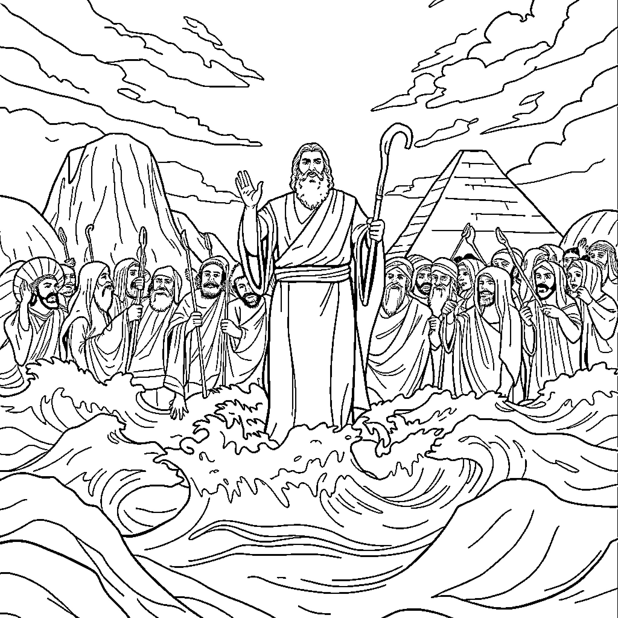 Moses leading the Israelites through the parted waters Coloring Page (free black-and-white line drawing printable PDF for all, from beginners to advanced learners, including children, teens, adults, and seniors)