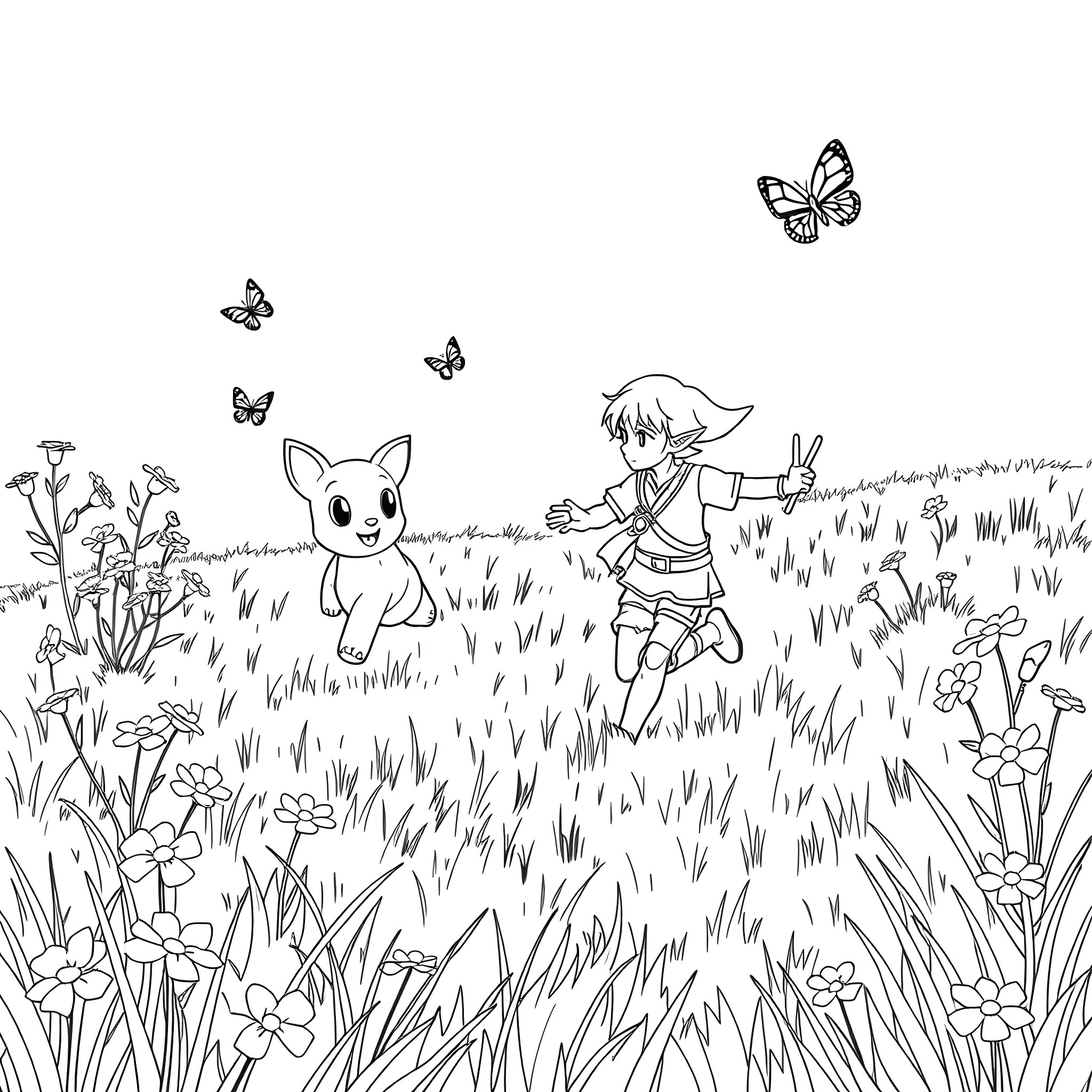 Link exploring the meadow with a friendly companion Coloring Page (free black-and-white line drawing printable PDF for all, from beginners to advanced learners, including children, teens, adults, and seniors)