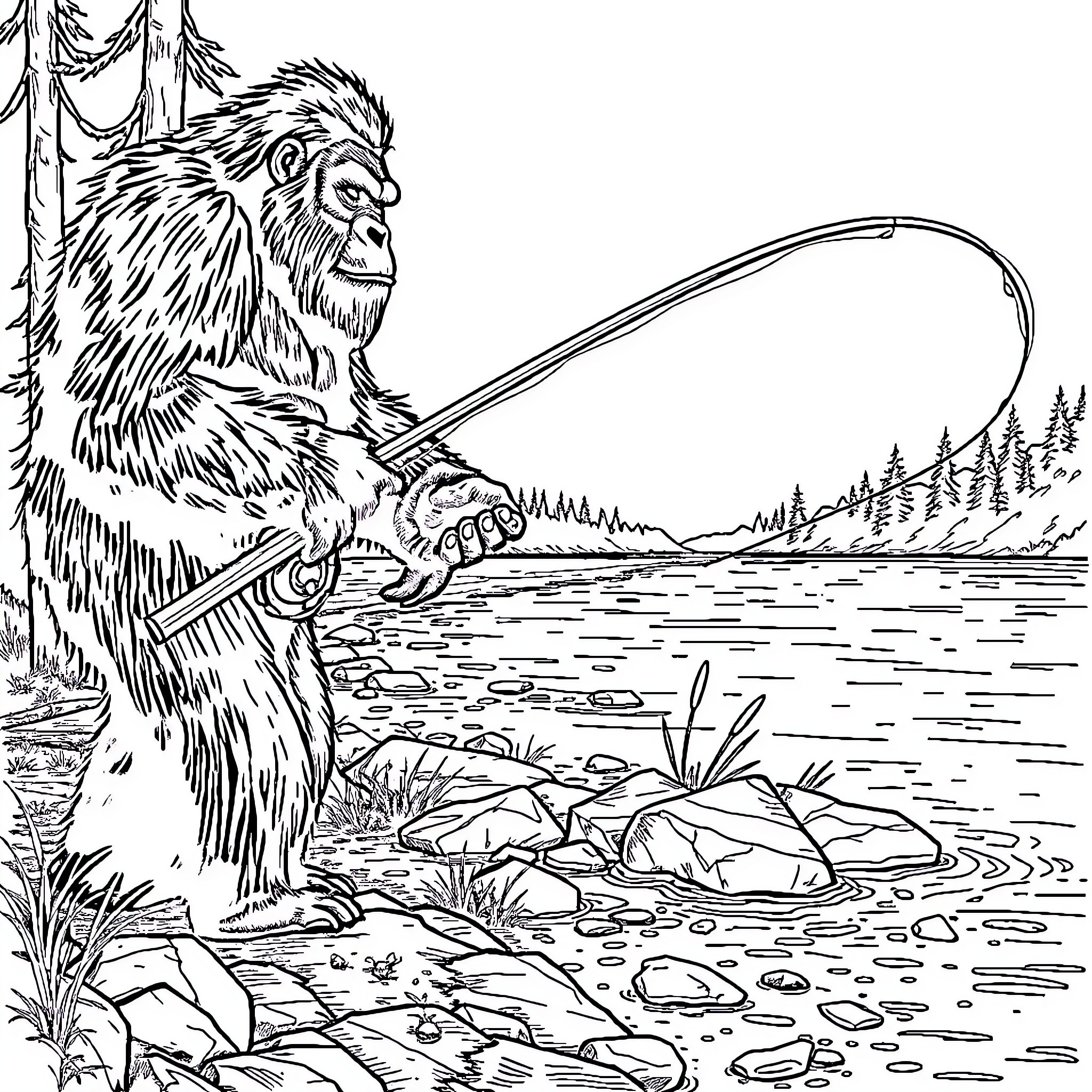 Bigfoot fishing by the lakeside Coloring Page (free black-and-white line drawing printable PDF for all, from beginners to advanced learners, including children, teens, adults, and seniors)