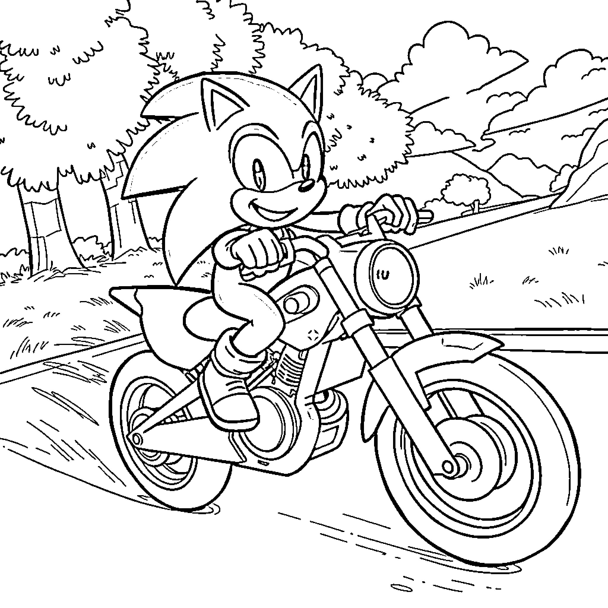 Sonic riding motorcycle through the countryside Coloring Page (free black-and-white line drawing printable PDF for all, from beginners to advanced learners, including children, teens, adults, and seniors)