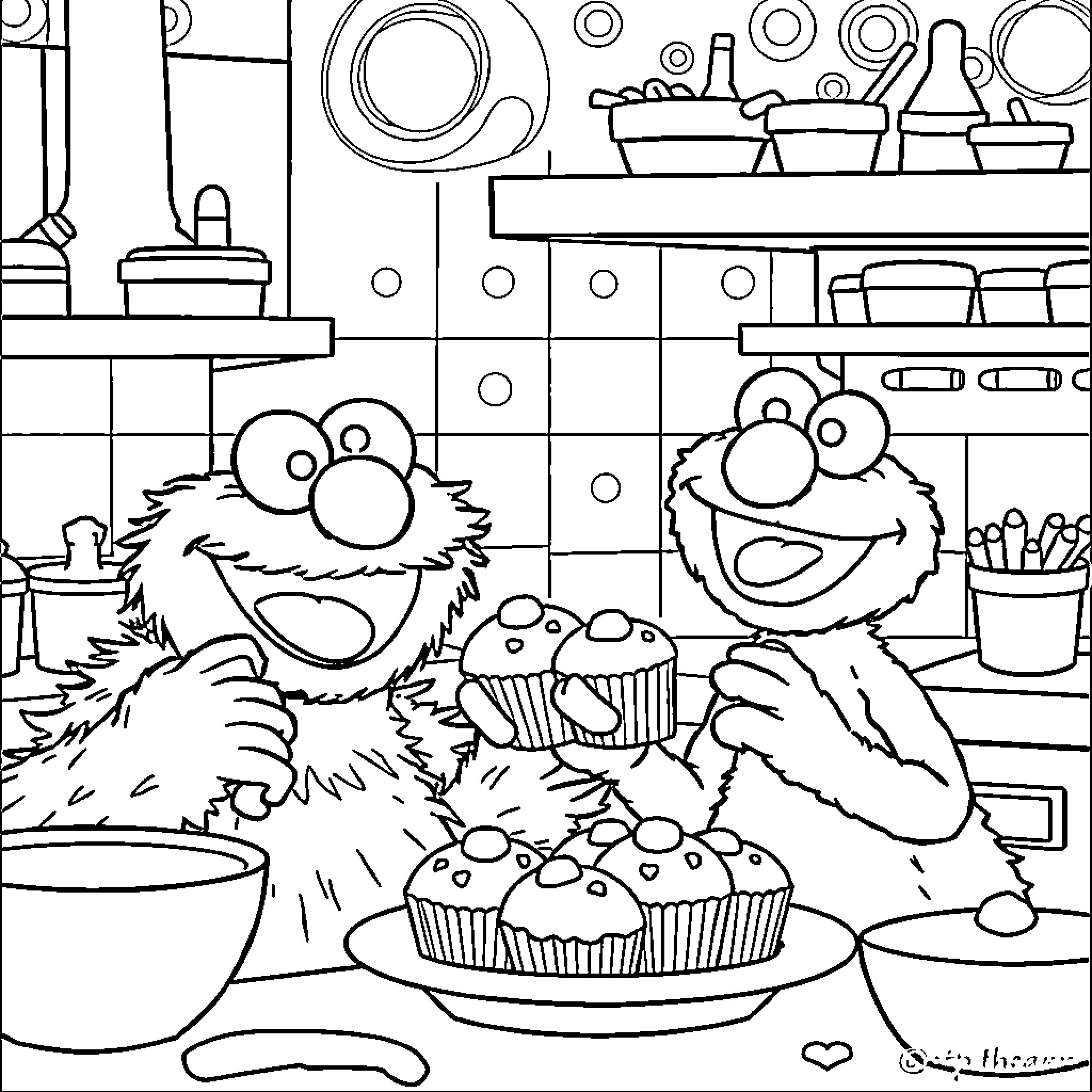 Cookie Monster baking and enjoying cupcakes in the kitchen Coloring Page (free black-and-white line drawing printable PDF for all, from beginners to advanced learners, including children, teens, adults, and seniors)