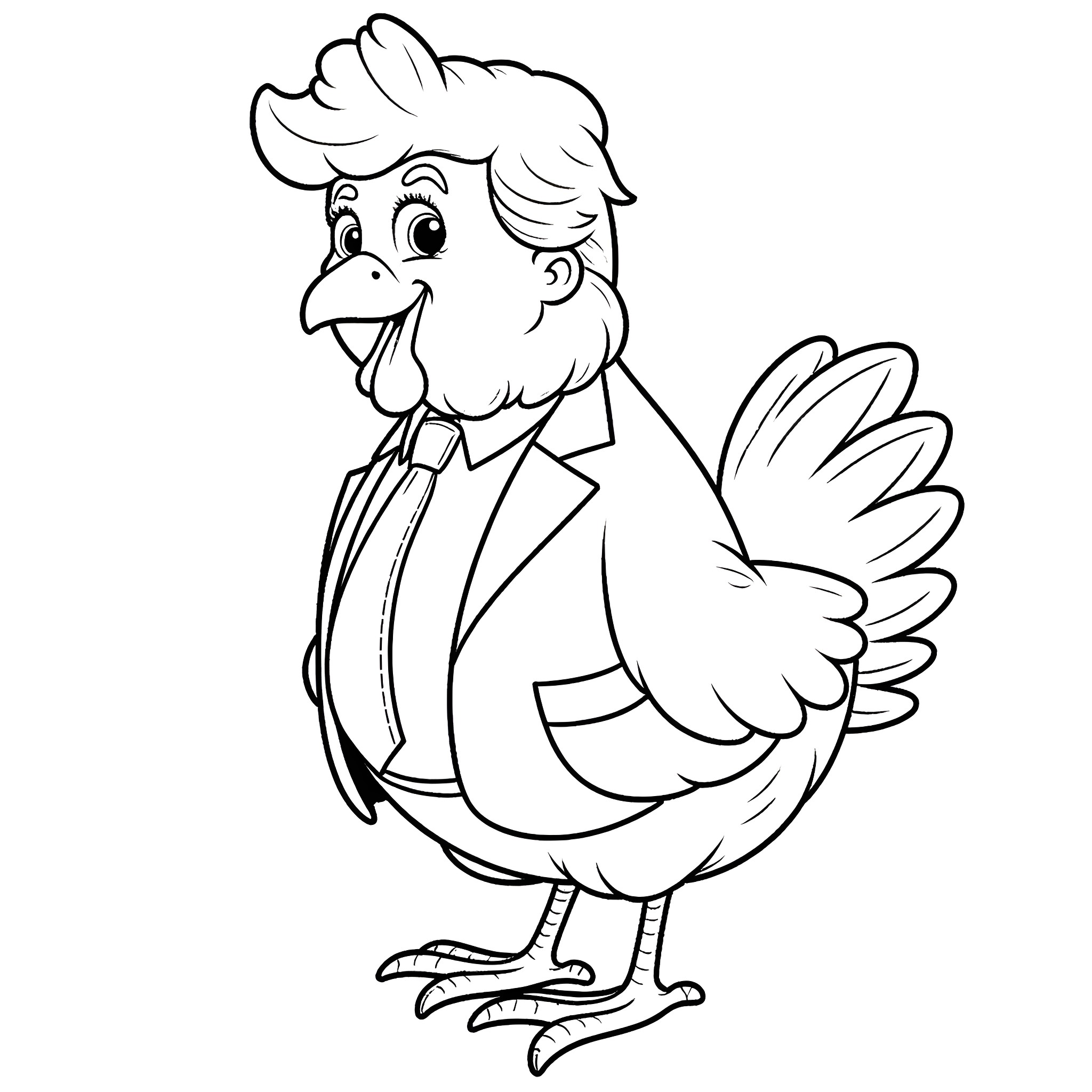 Donald Trump as a Rooster in a Suit Coloring Page (free black-and-white line drawing printable PDF for all, from beginners to advanced learners, including children, teens, adults, and seniors)