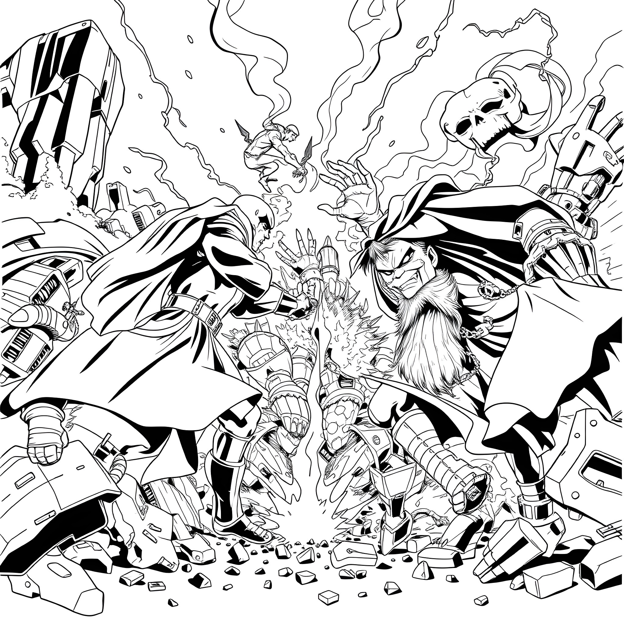 Marvel Heroes Battle Menacing Villains in Explosive Showdown Coloring Page (free black-and-white line drawing printable PDF for all, from beginners to advanced learners, including children, teens, adults, and seniors)