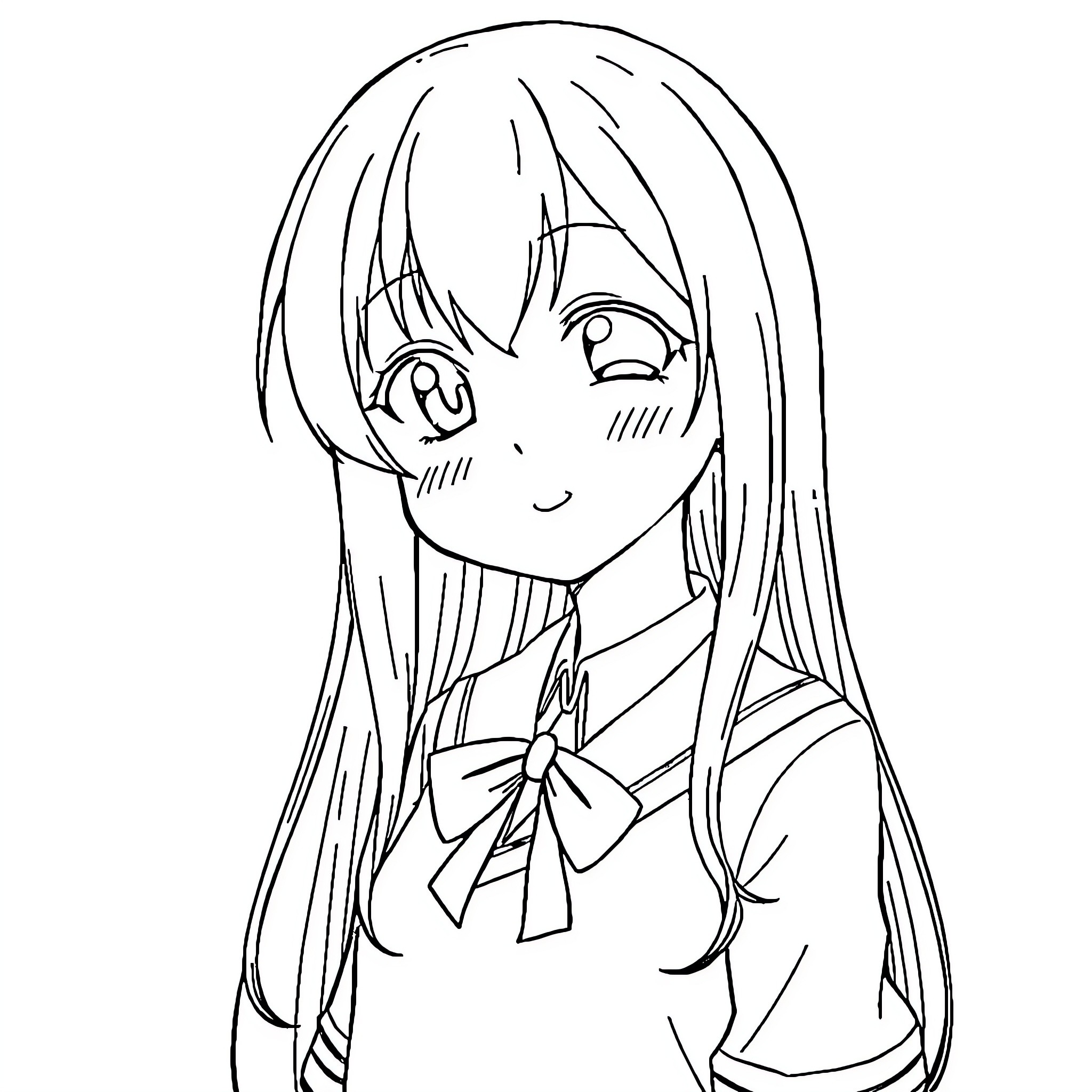 Kobeni Higashiyama's cheerful expression in school uniform Coloring Page (free black-and-white line drawing printable PDF for all, from beginners to advanced learners, including children, teens, adults, and seniors)
