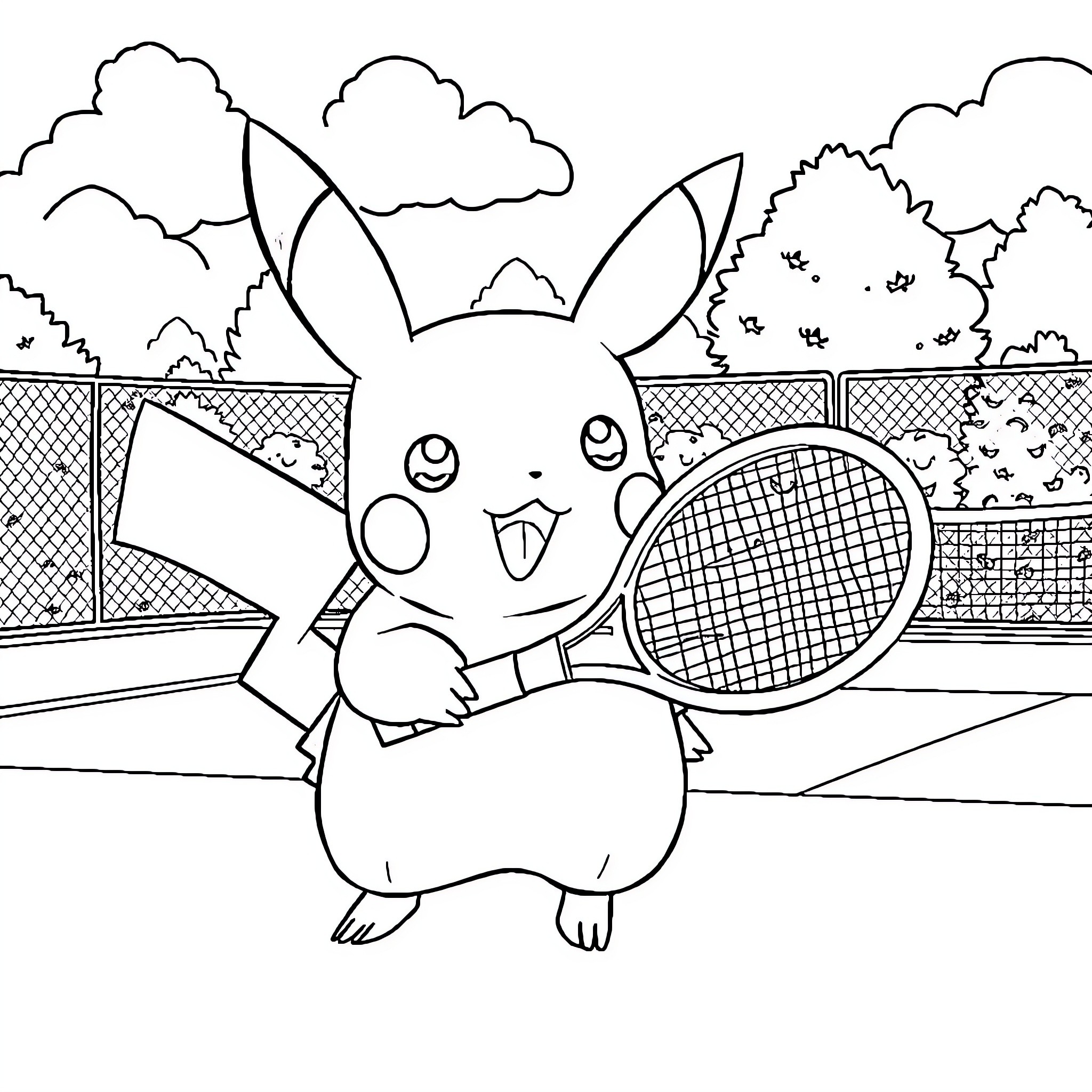 Pikachu playing tennis on the court Coloring Page (free black-and-white line drawing printable PDF for all, from beginners to advanced learners, including children, teens, adults, and seniors)