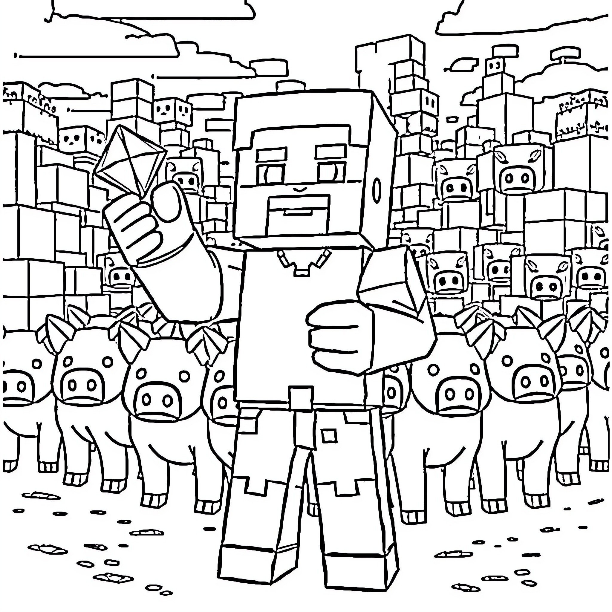 Steve exploring the blocky landscape with farm animals Coloring Page (free black-and-white line drawing printable PDF for all, from beginners to advanced learners, including children, teens, adults, and seniors)
