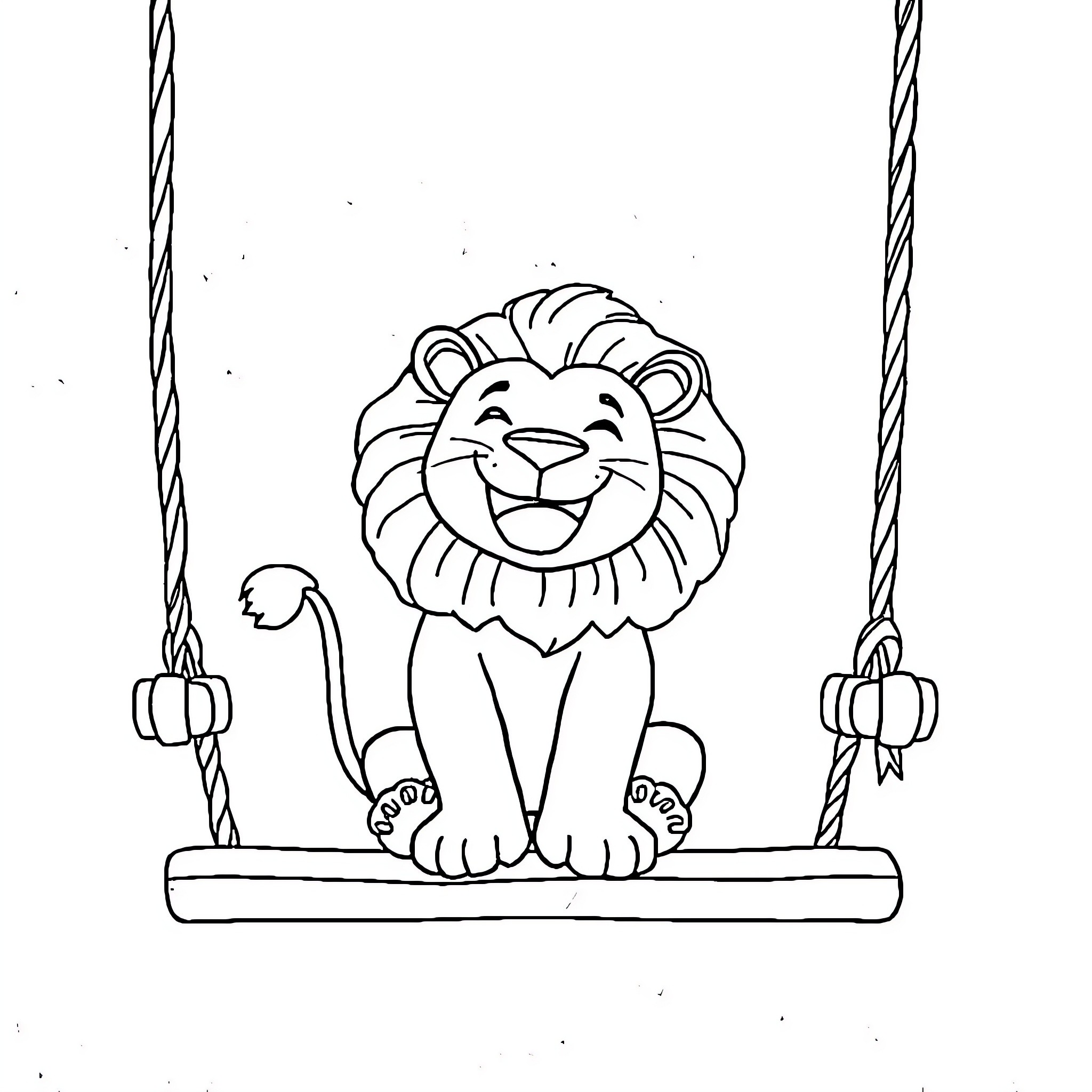 Lion sitting happily on a swing Coloring Page (free black-and-white line drawing printable PDF for all, from beginners to advanced learners, including children, teens, adults, and seniors)